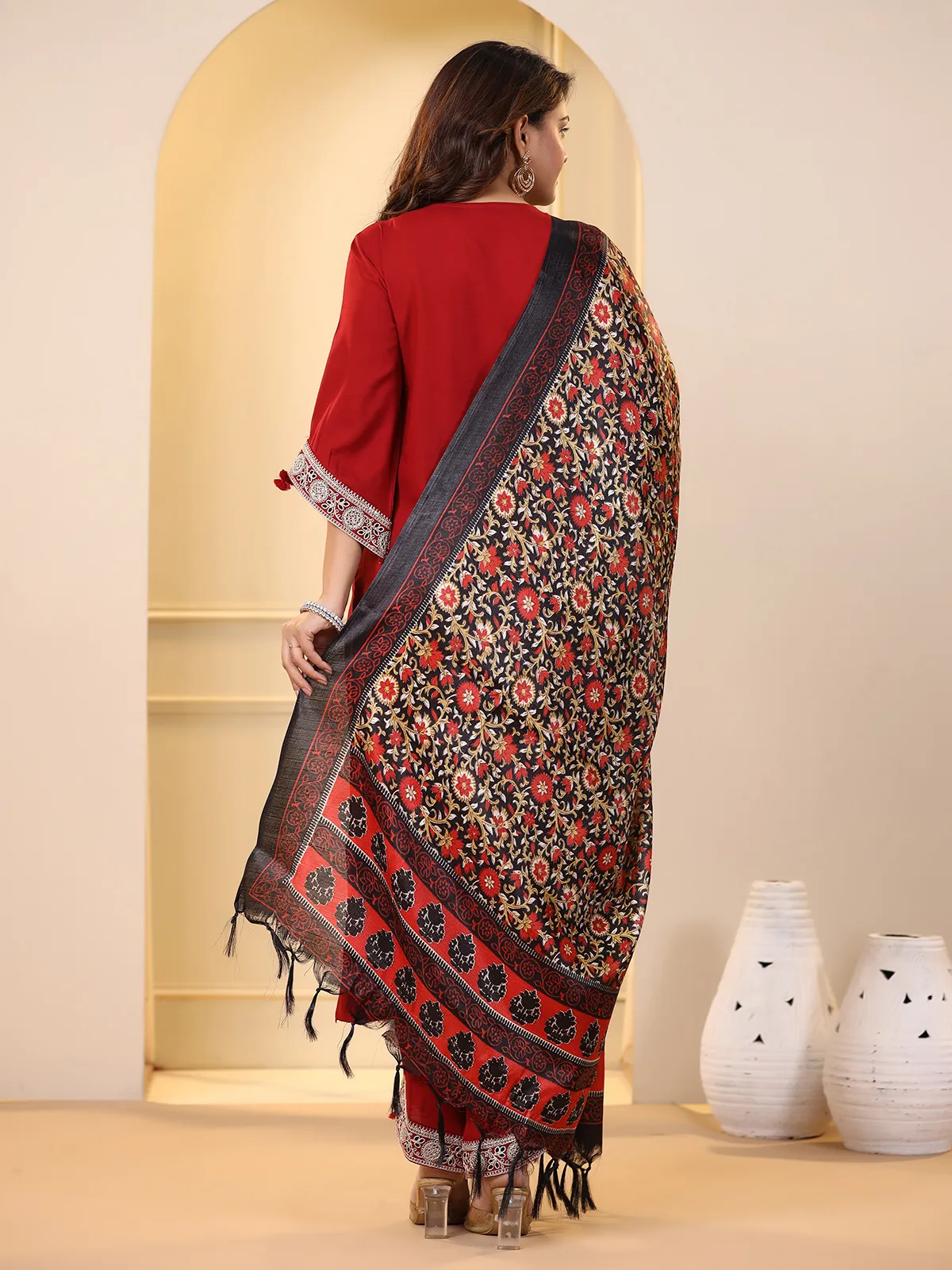 Red cotton kurti set with printed dupatta