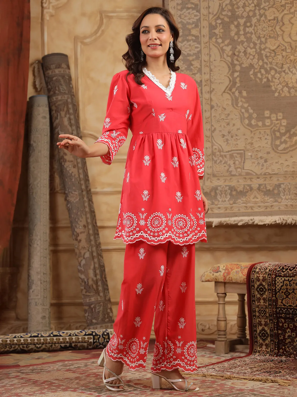 Red cotton silk kurti set with embroidery