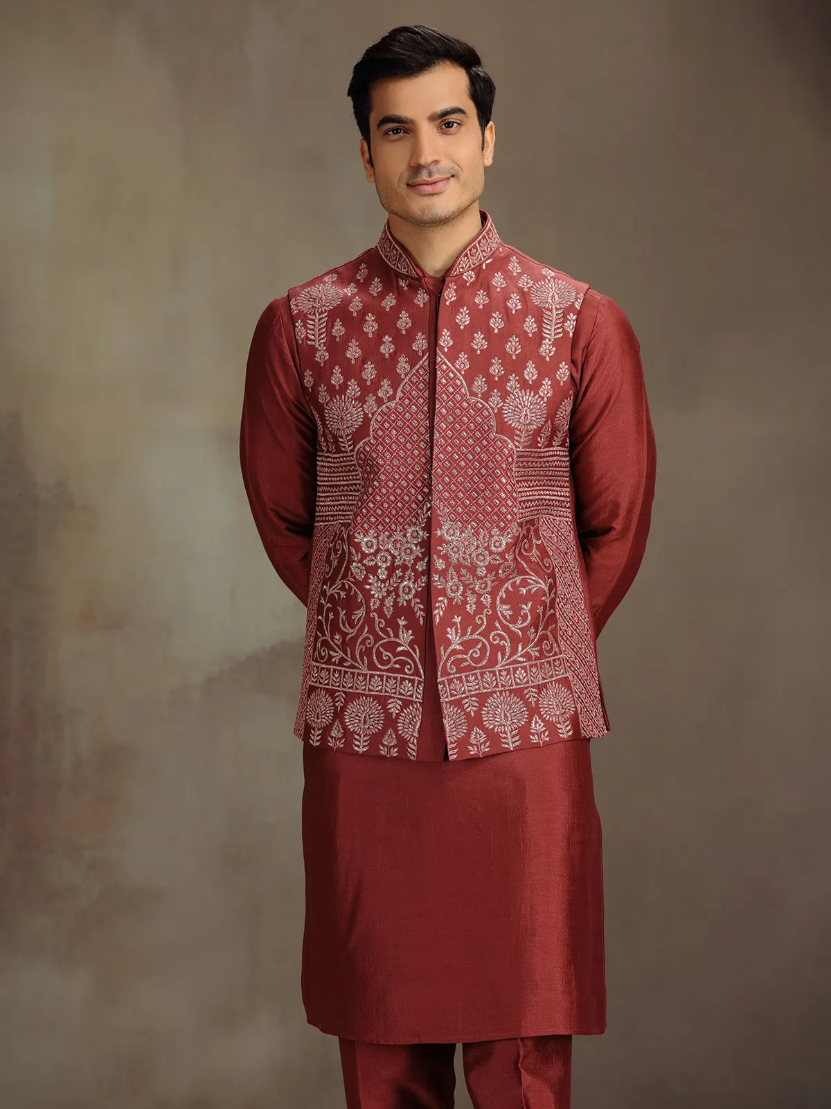 Red cotton silk waistcoat set for festive celebration