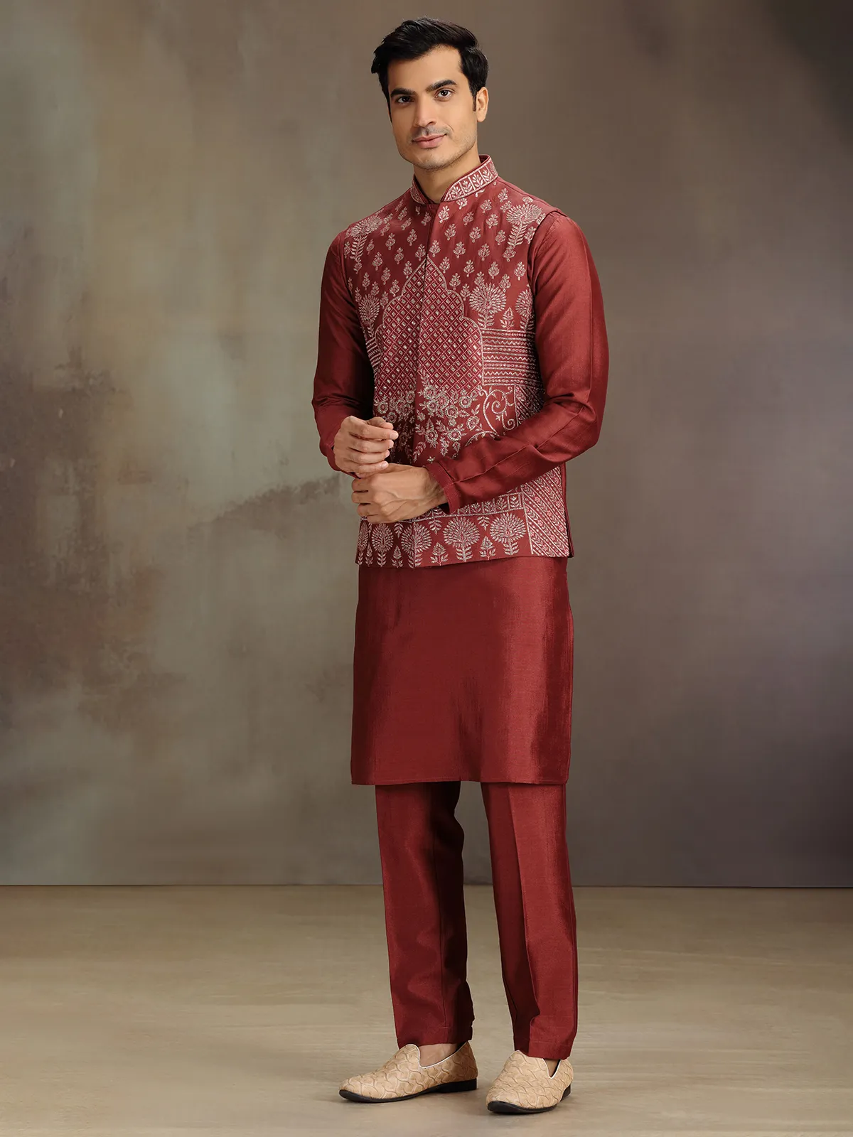 Red cotton silk waistcoat set for festive celebration