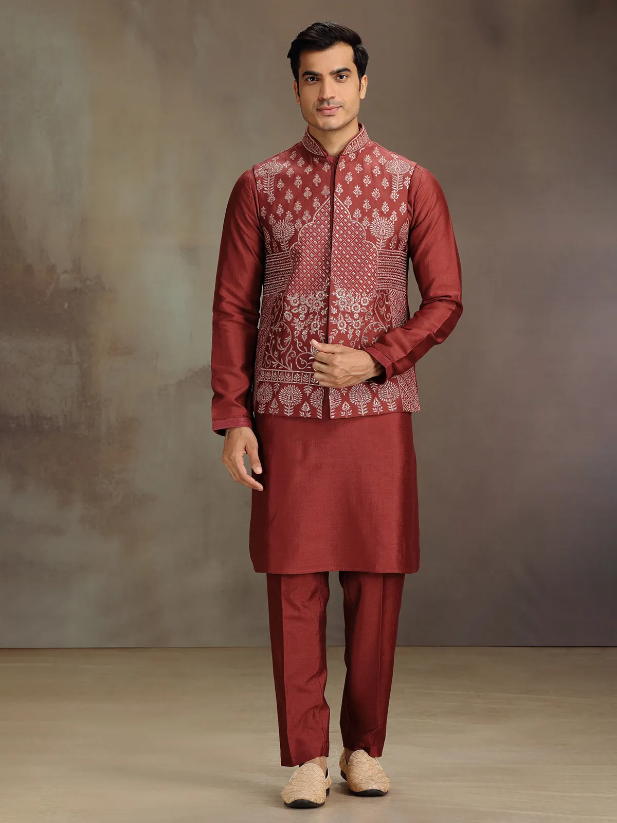 Red cotton silk waistcoat set for festive celebration