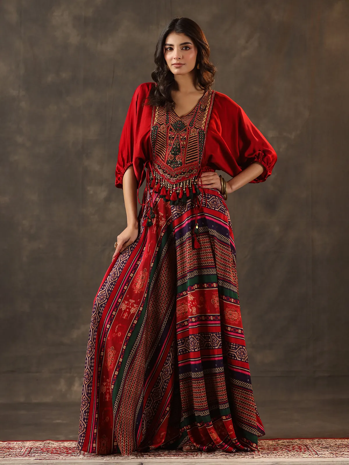 Red crepe silk embellished designer palazzo suit