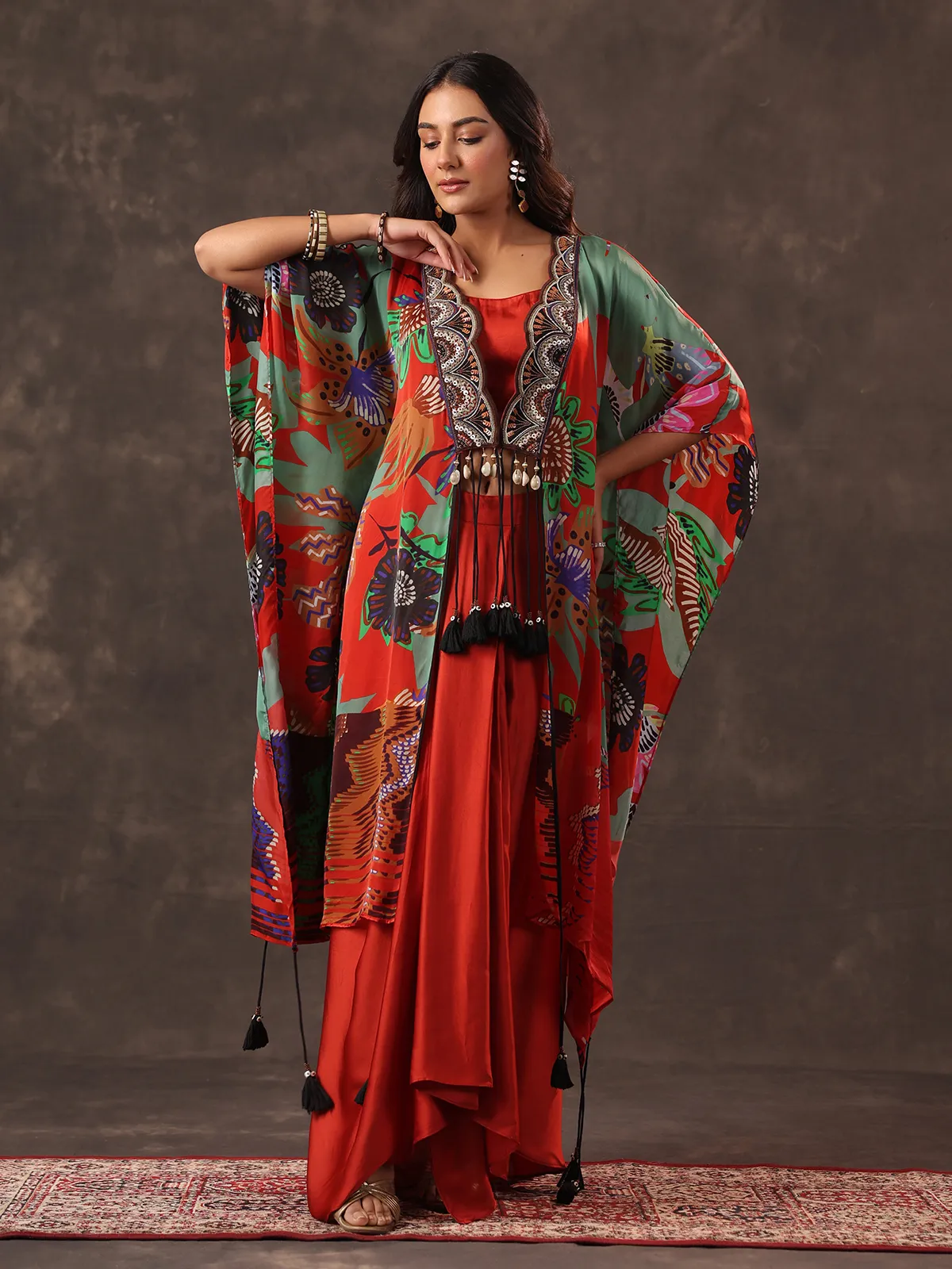 Red crepe silk kaftan style indo western suit