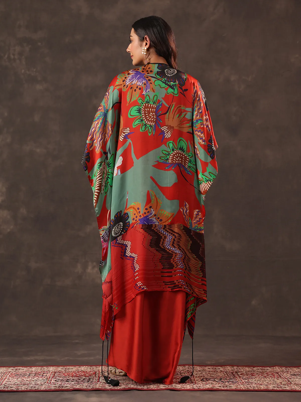 Red crepe silk kaftan style indo western suit