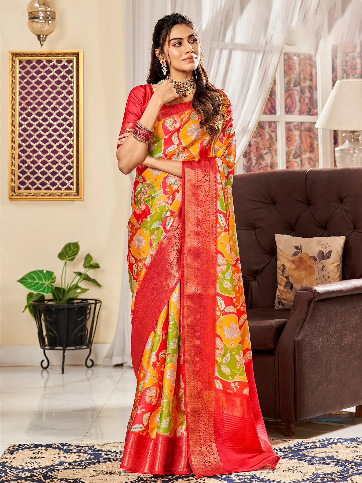 Red digital printed saree in satin