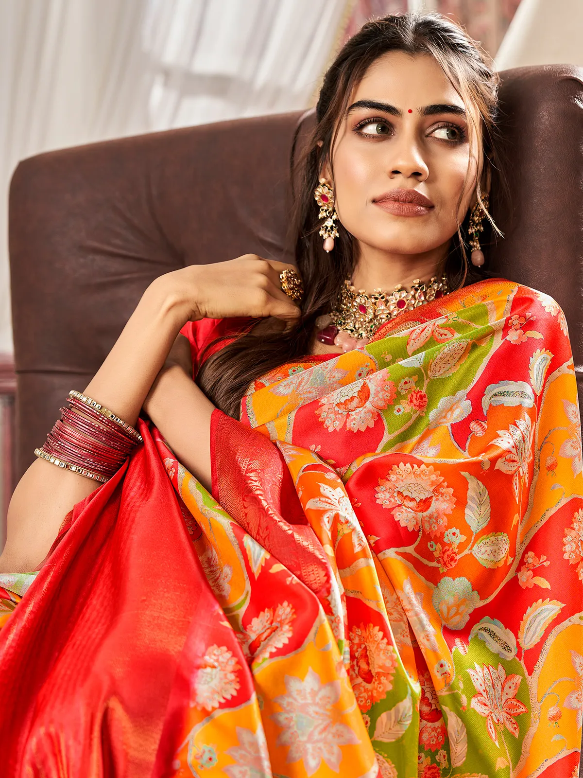 Red digital printed saree in satin