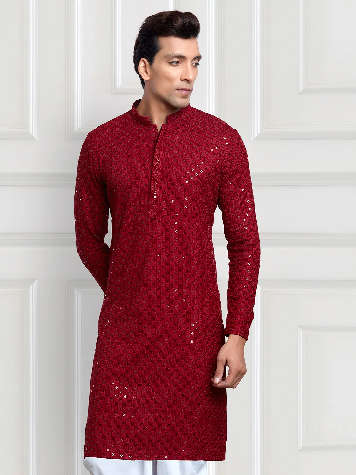 Red embroidery kurta with peshawari dhoti