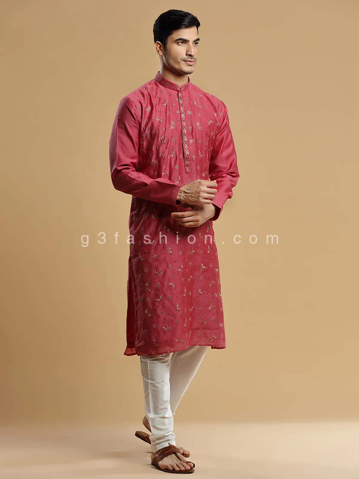 Red festive wear silk  Men Kurta pajama