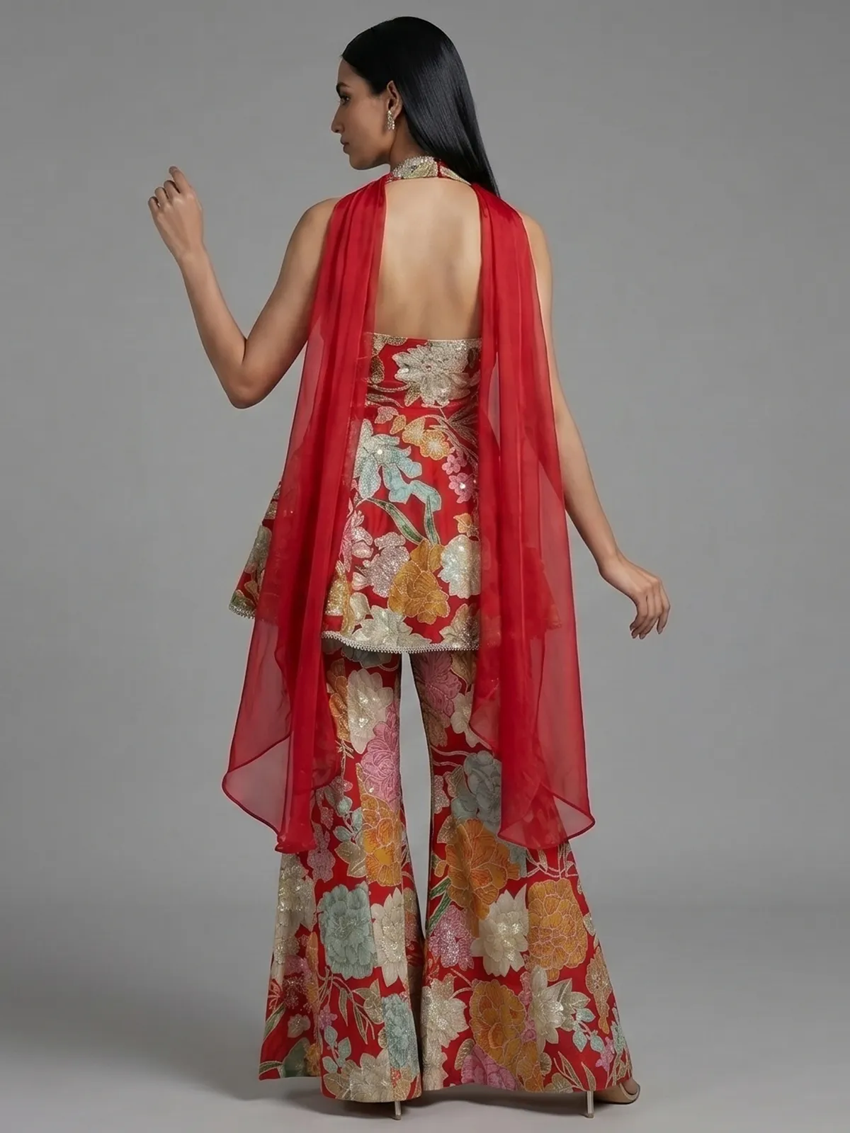 Red floral georgette sharara suit with rich detailing