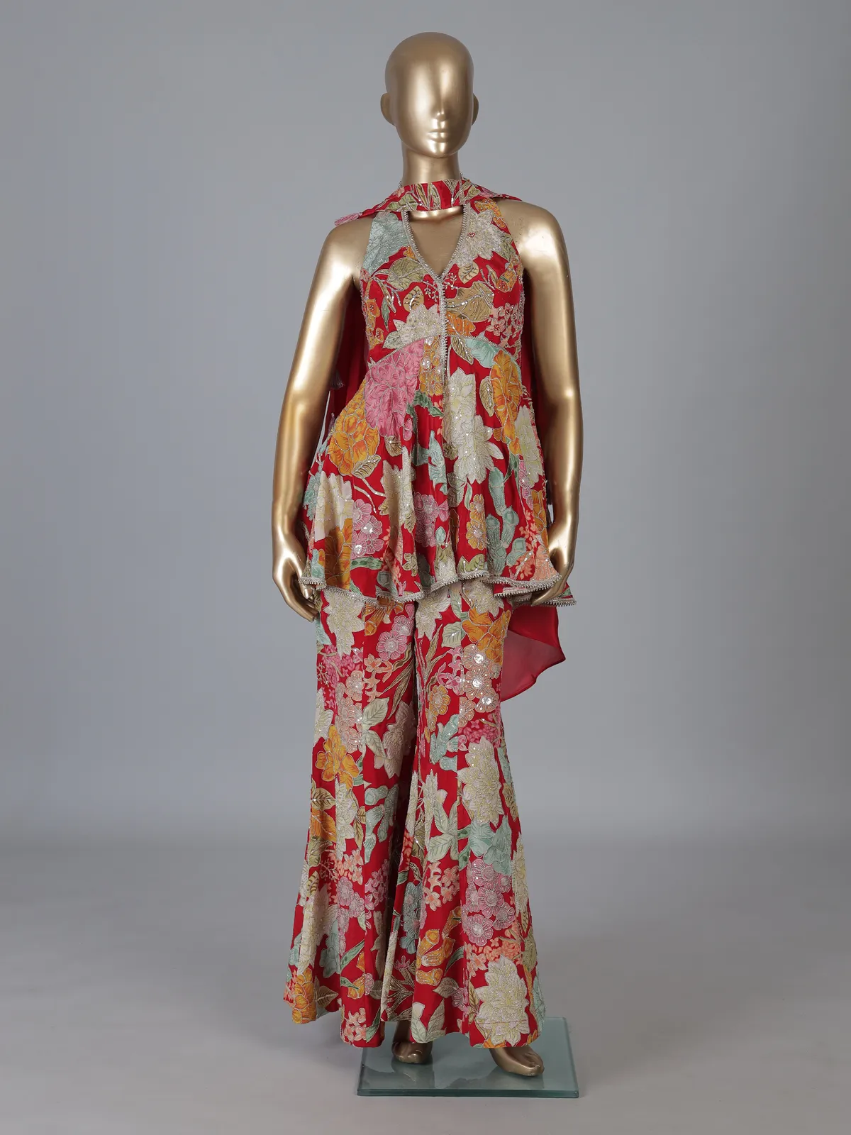 Red floral georgette sharara suit with rich detailing