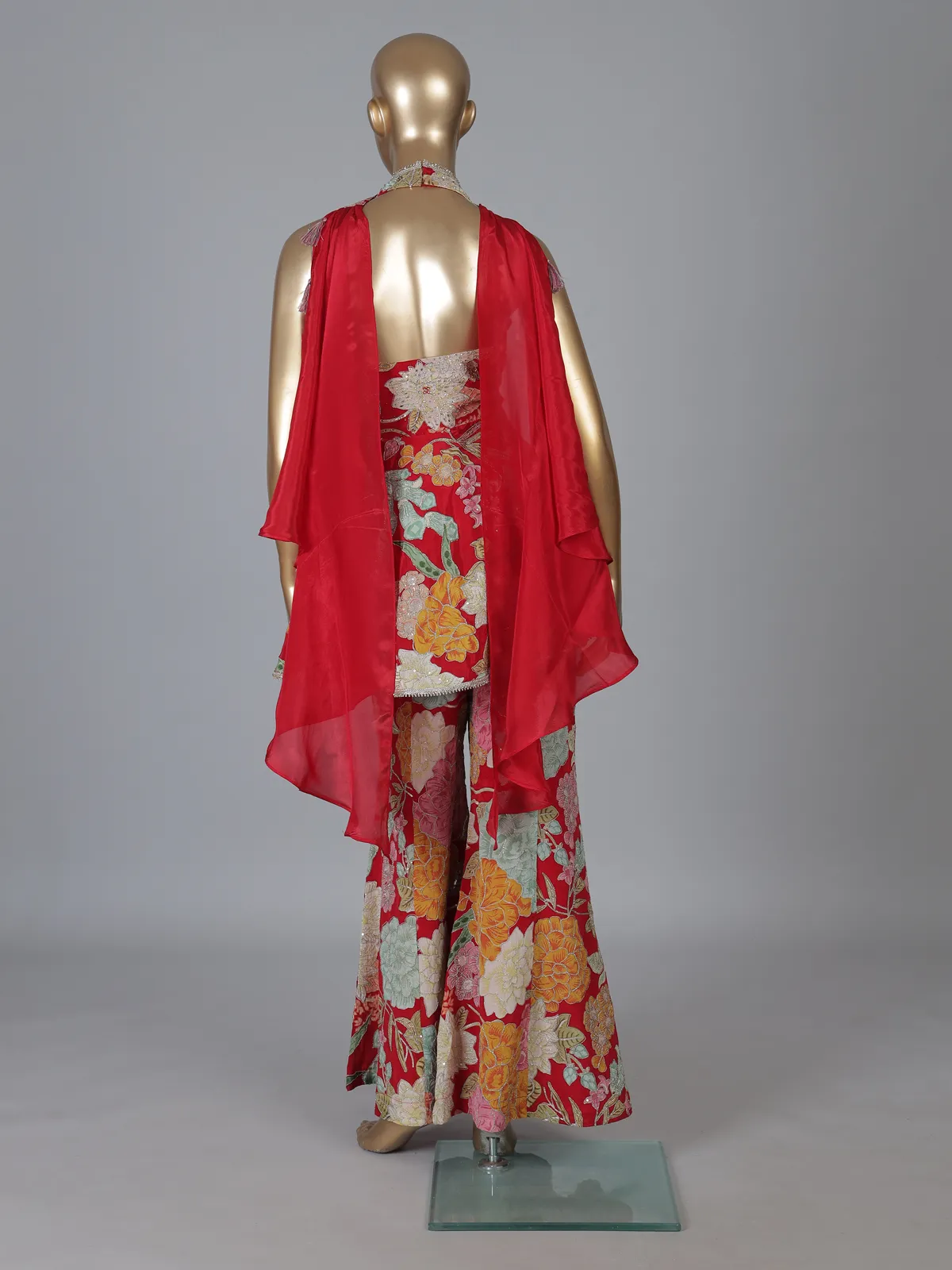 Red floral georgette sharara suit with rich detailing