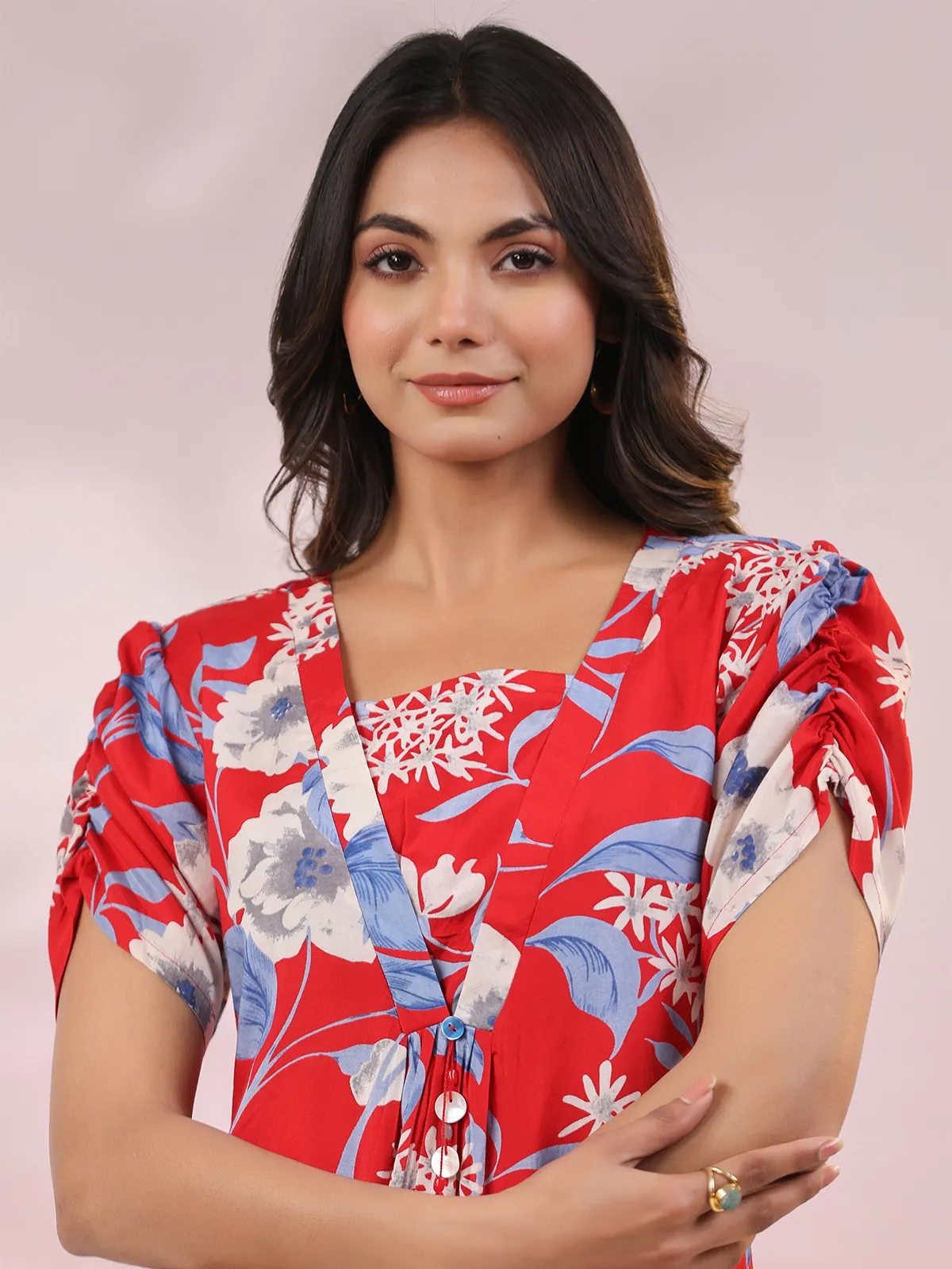 Red floral printed cotton kurti