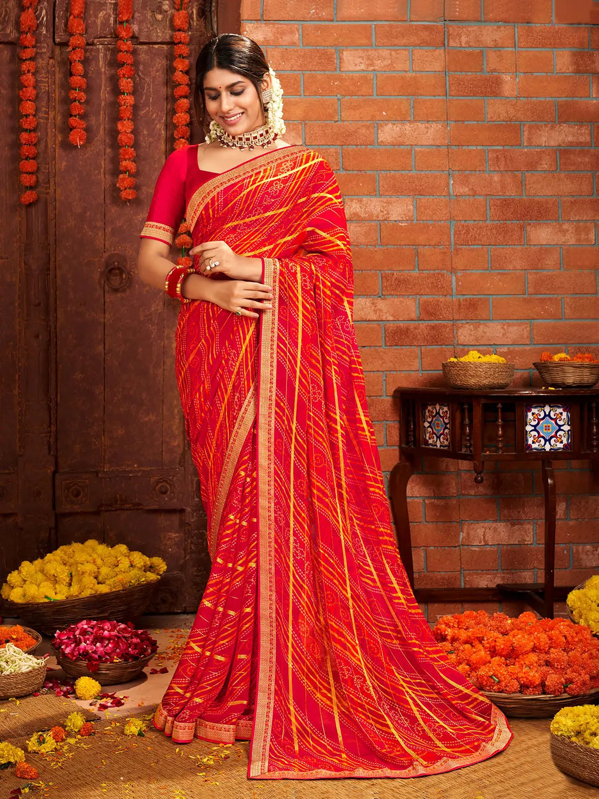 Red georgette bandhej printed saree