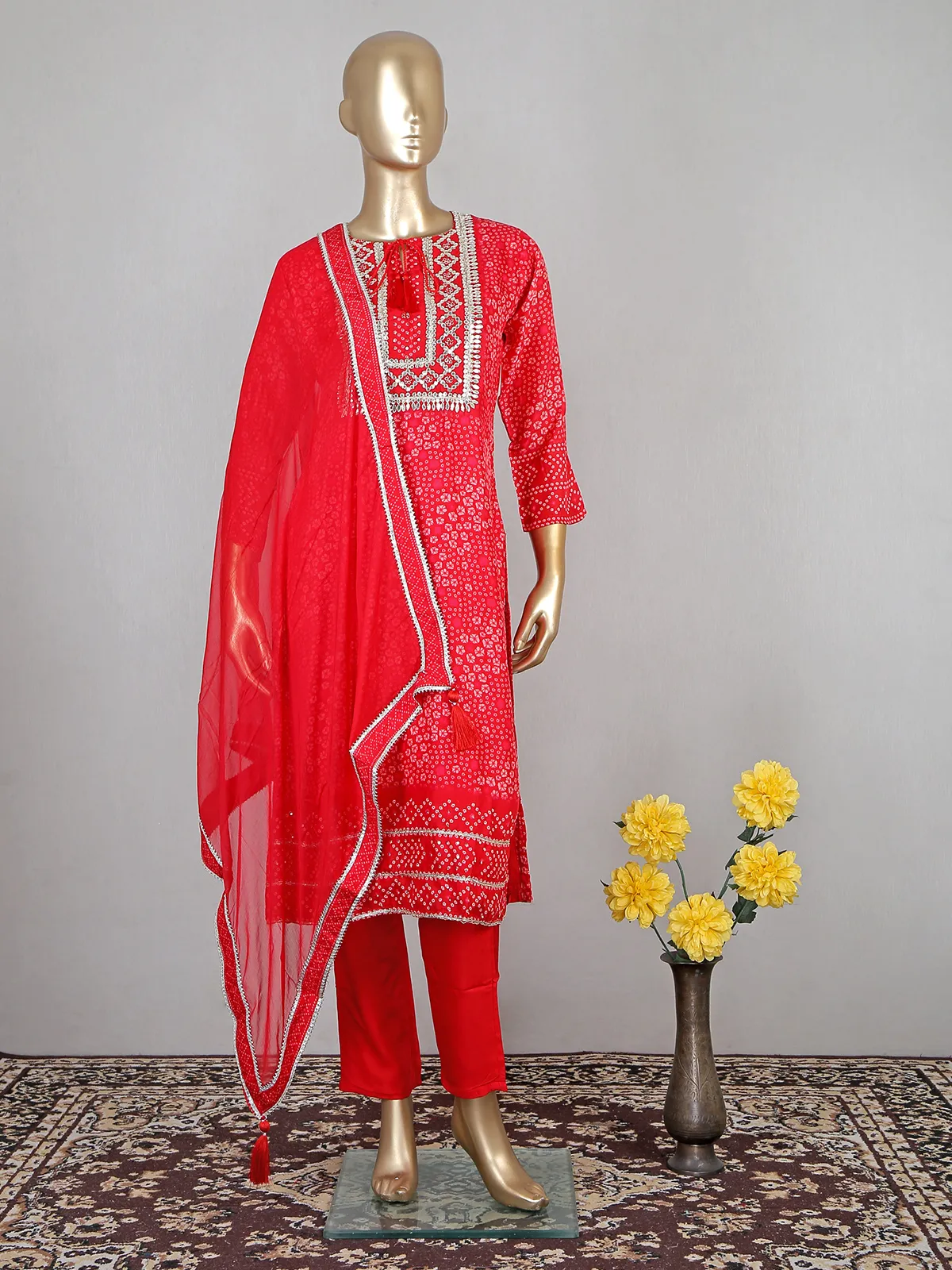 Red lavish printed cotton pant suit for festive