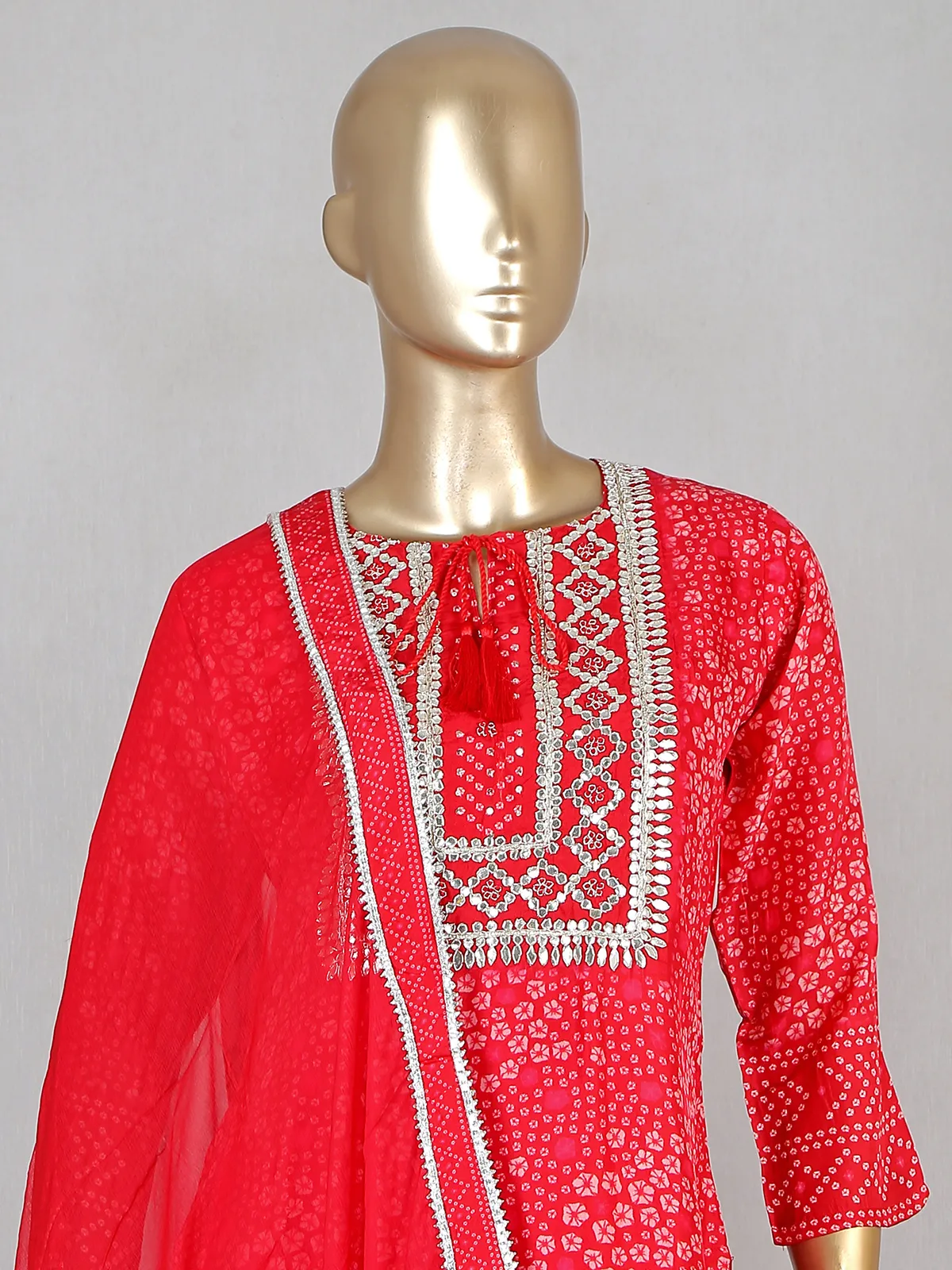 Red lavish printed cotton pant suit for festive