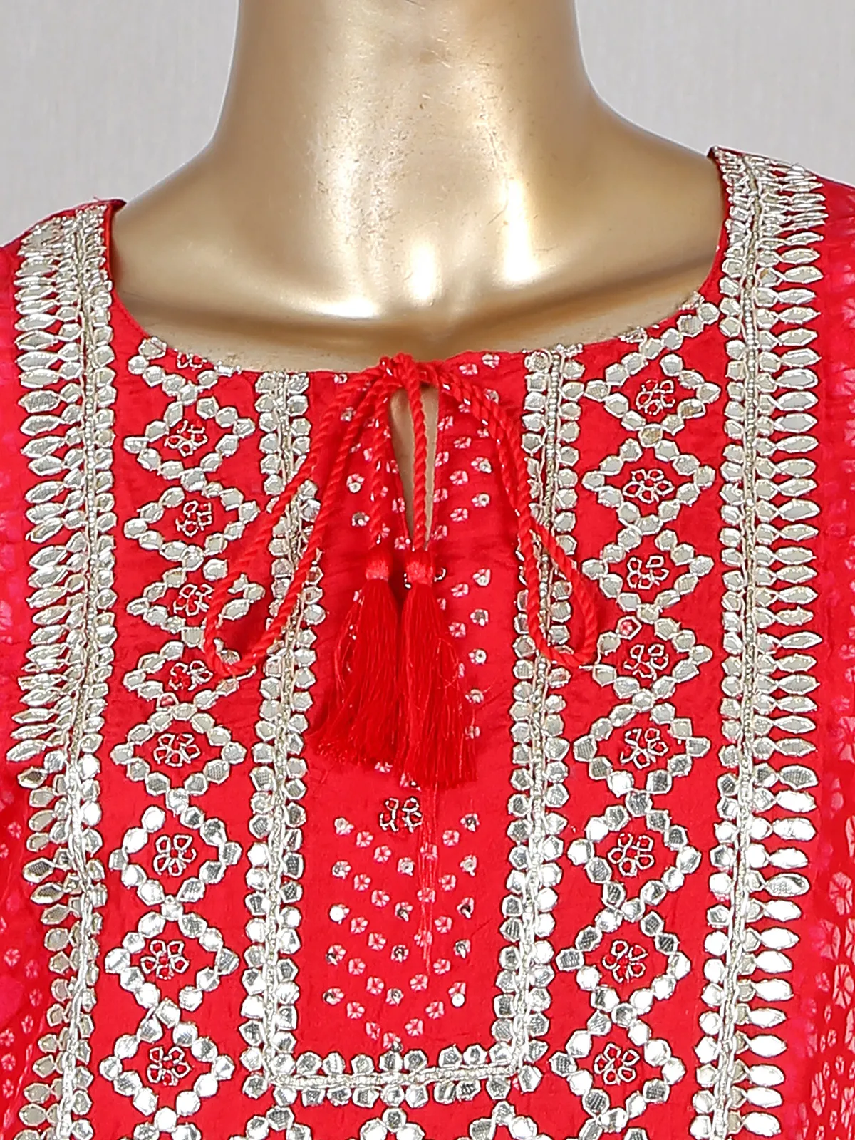 Red lavish printed cotton pant suit for festive