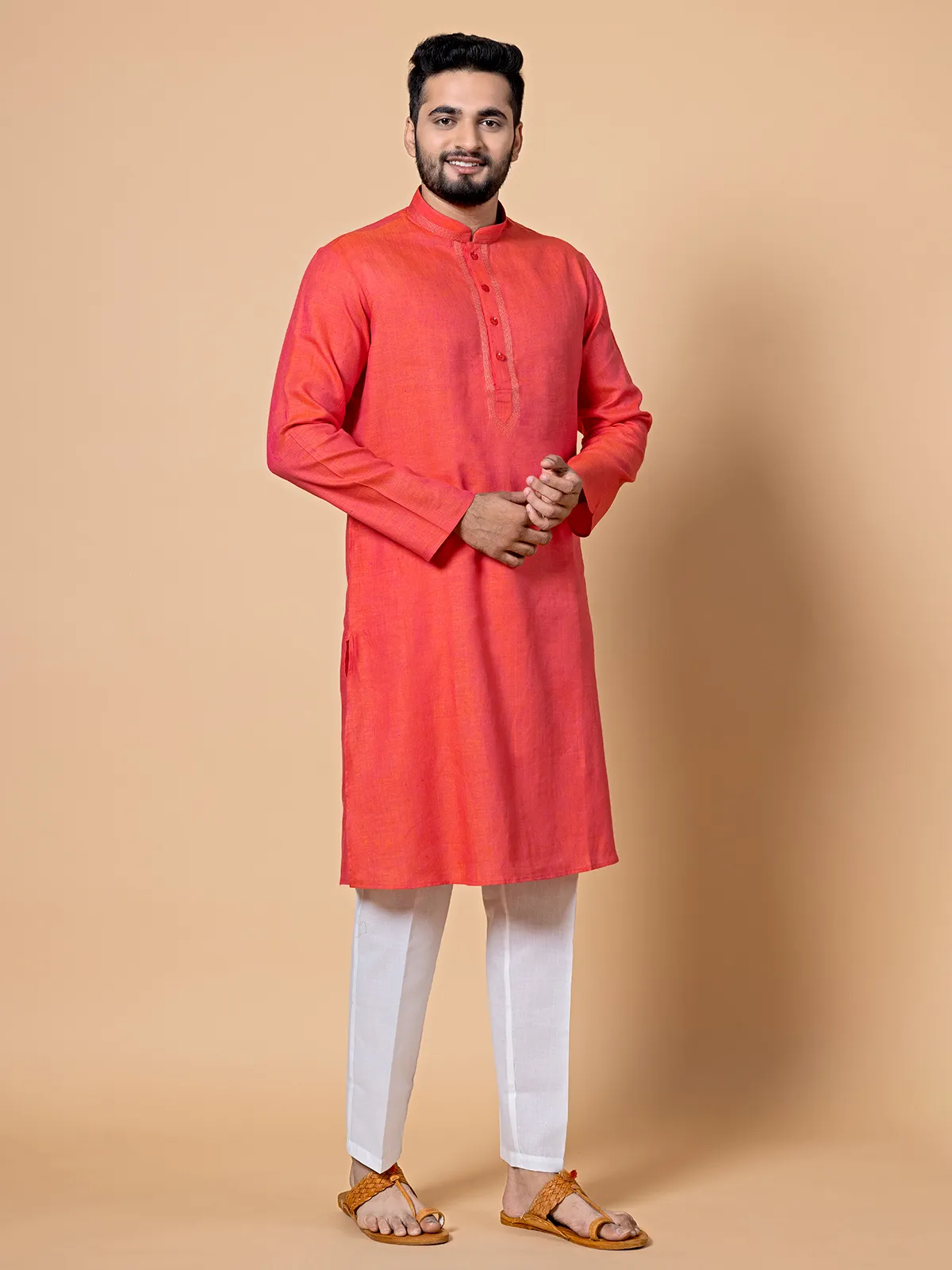 Red linen festive look kurta suit