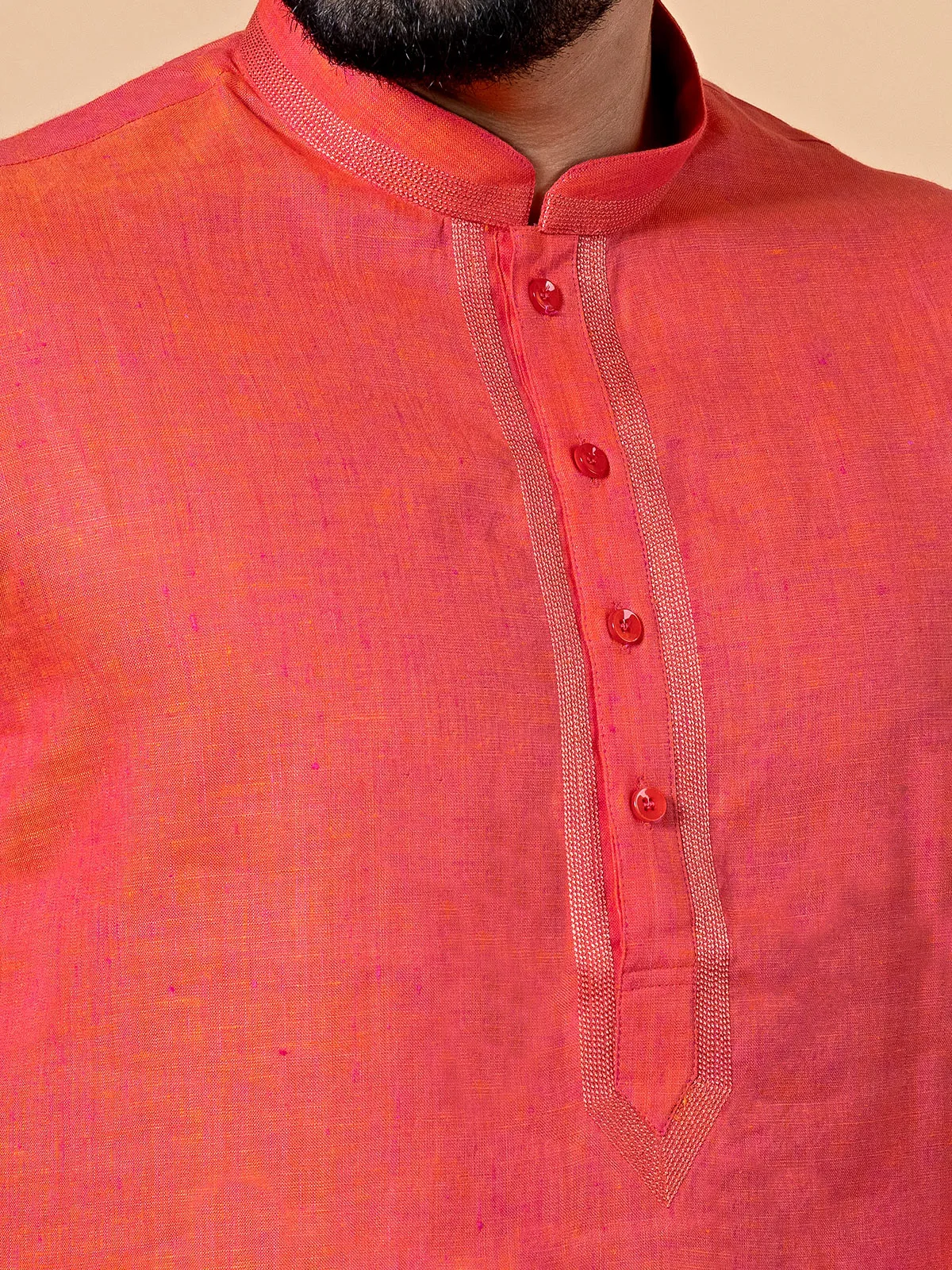 Red linen festive look kurta suit