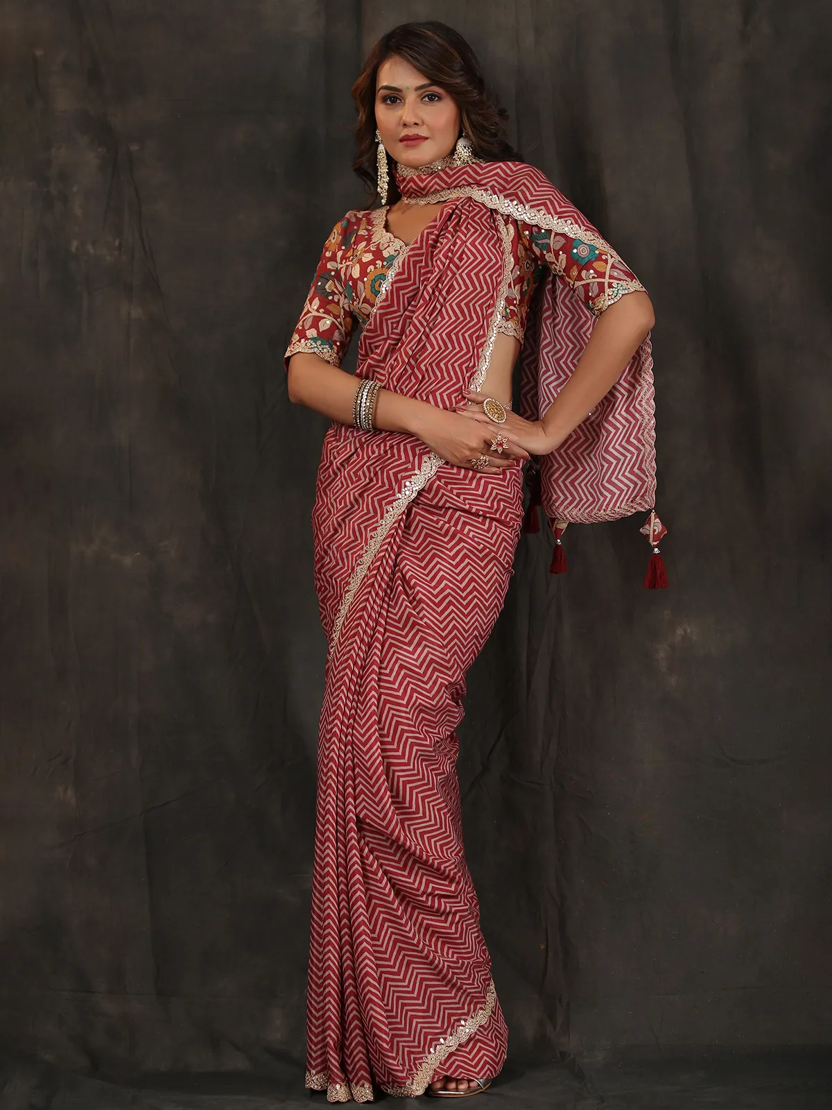 Red modal silk zig zag pattern saree