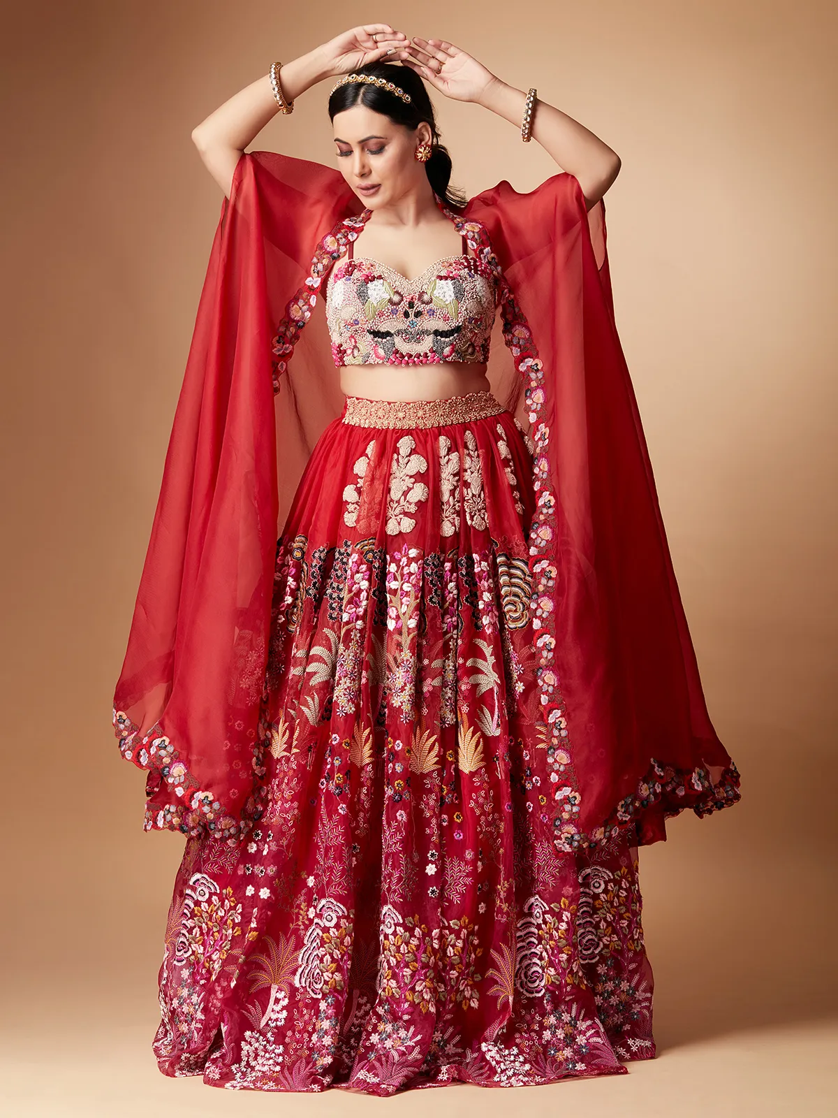 Red organza jacket style lehenga choli