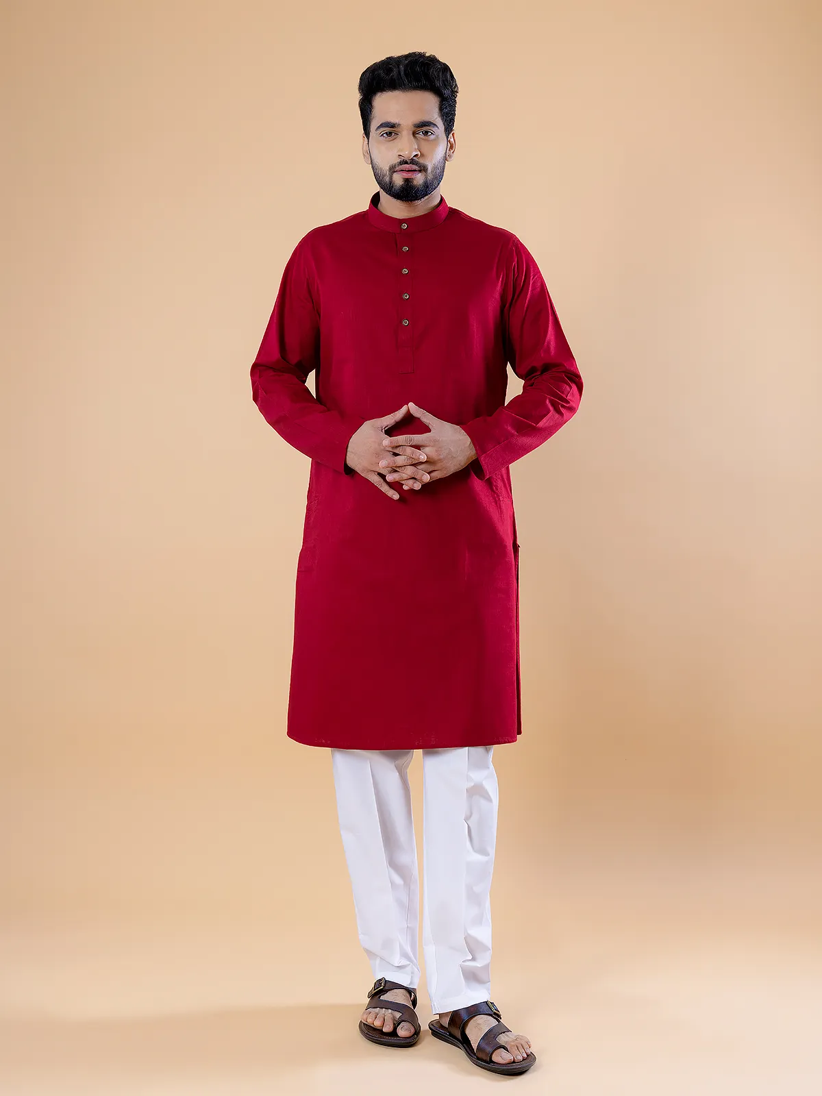 Red plain cotton kurta suit for festive