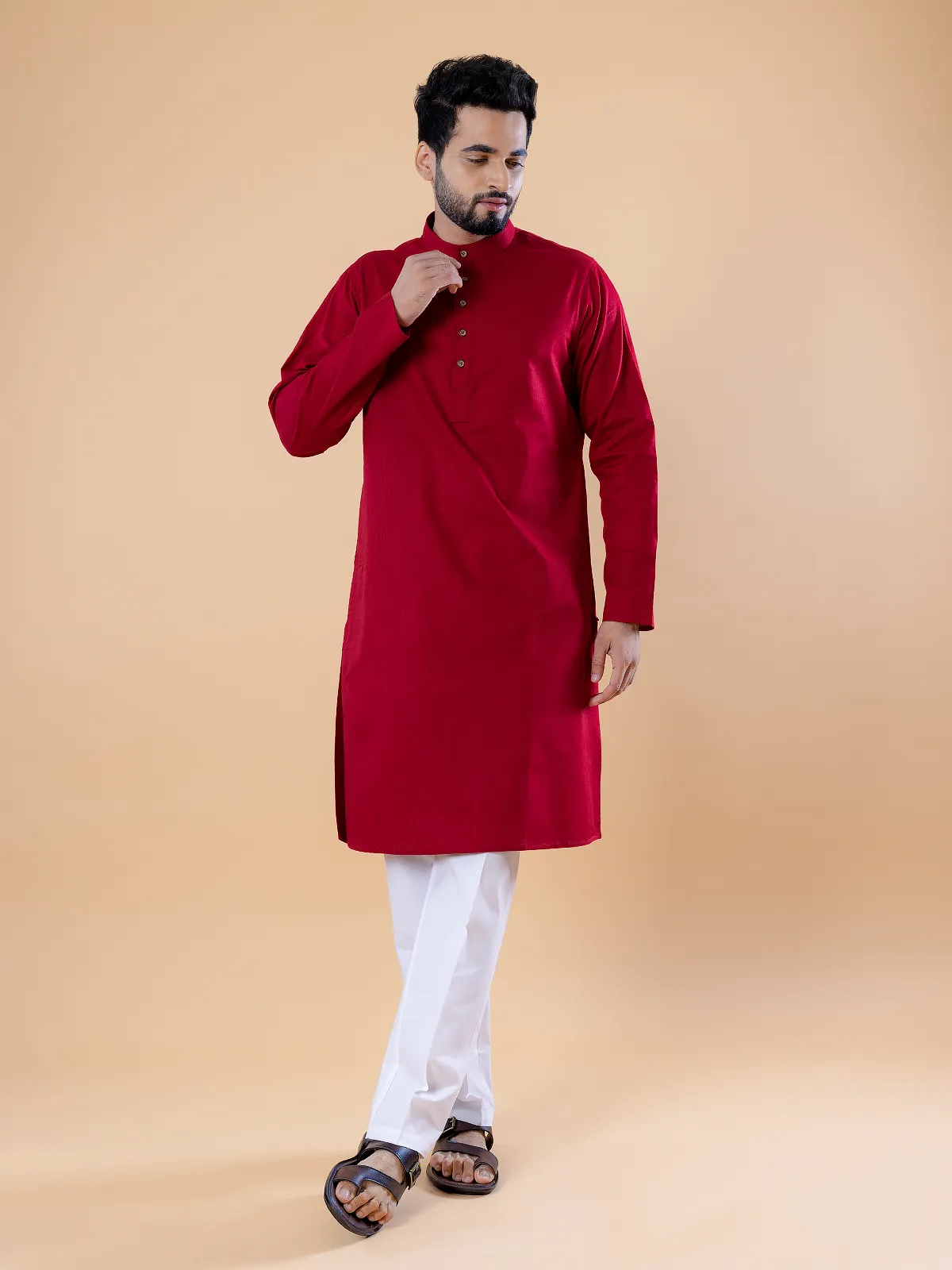 Red plain cotton kurta suit for festive