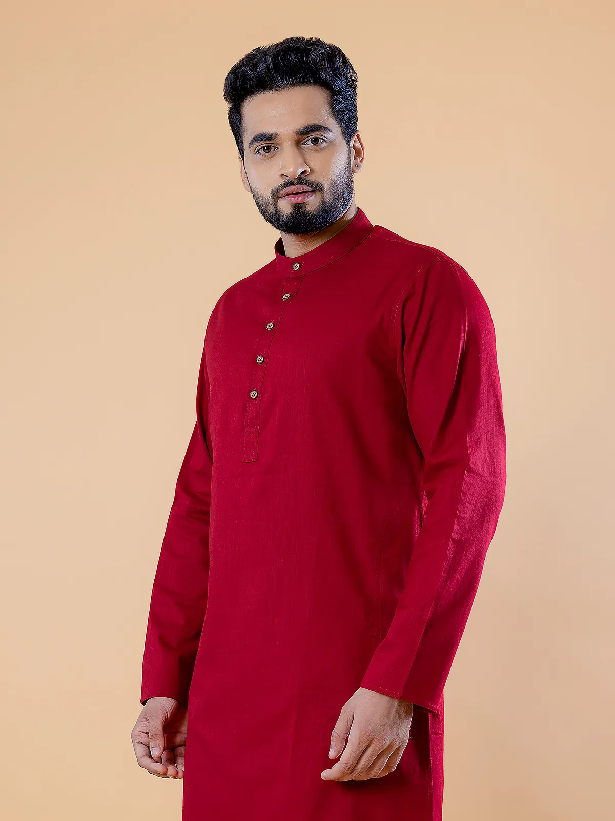 Red plain cotton kurta suit for festive