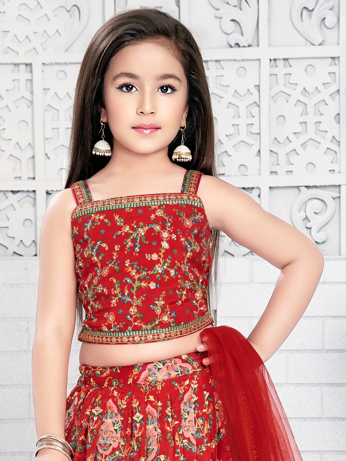 Red printed georgette girls lehenga choli