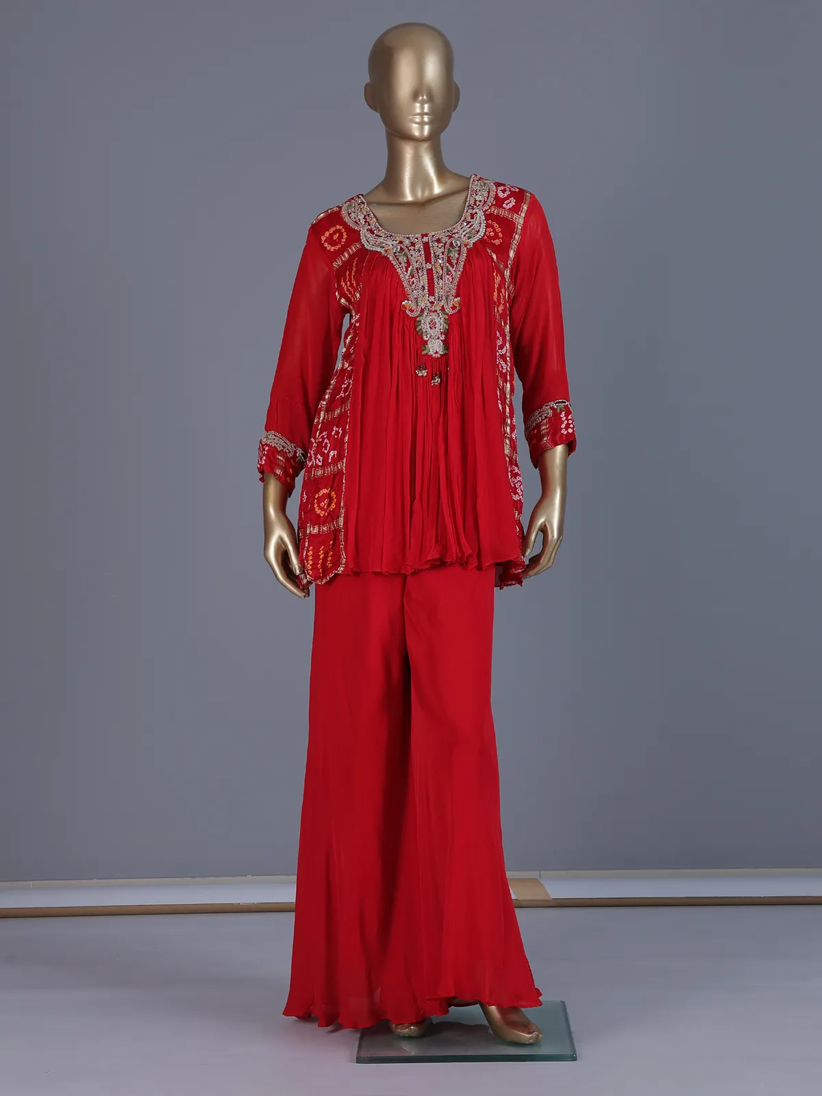 Red printed georgette silk palazzo suit