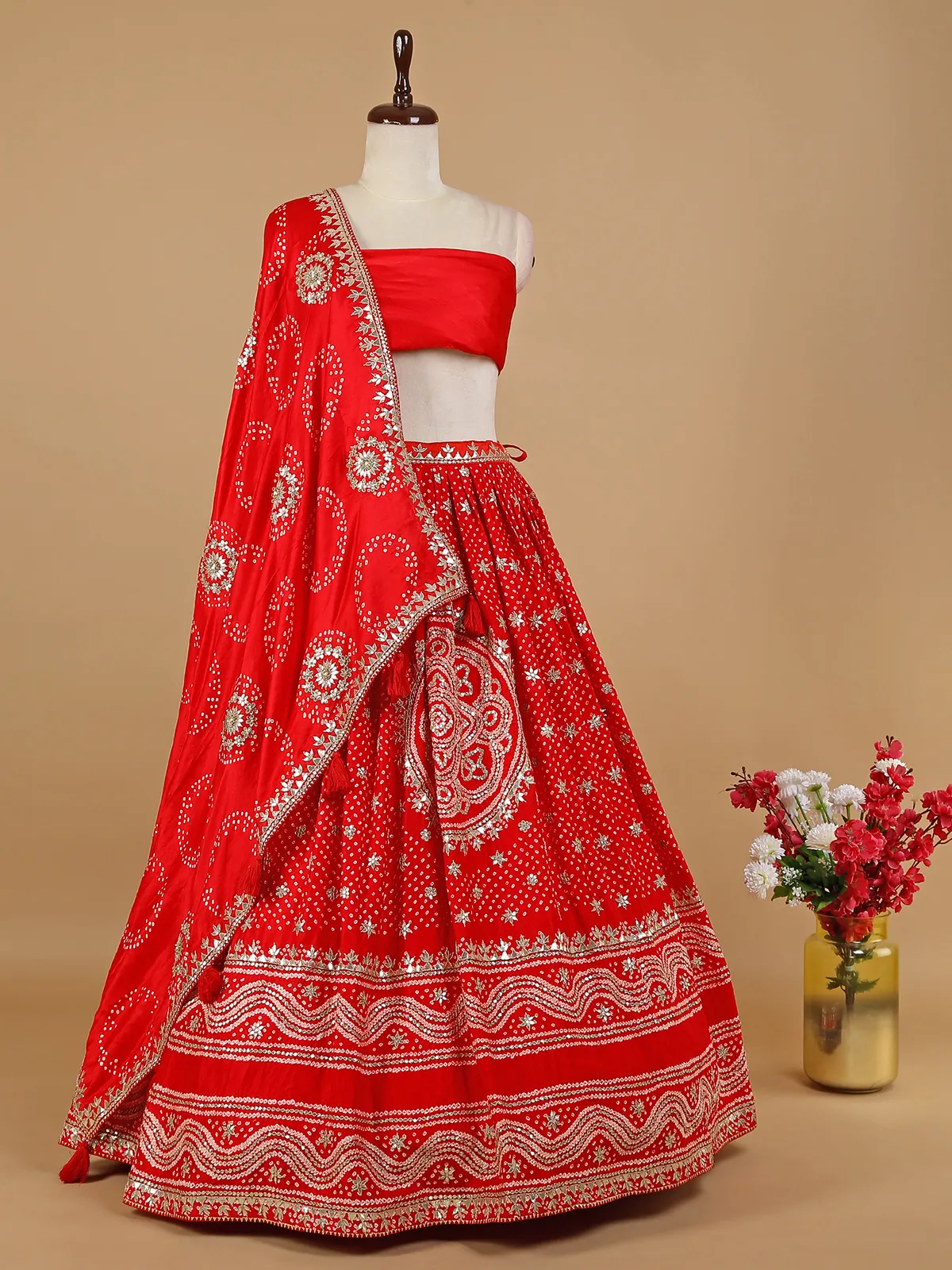 Red printed lehenga choli in silk