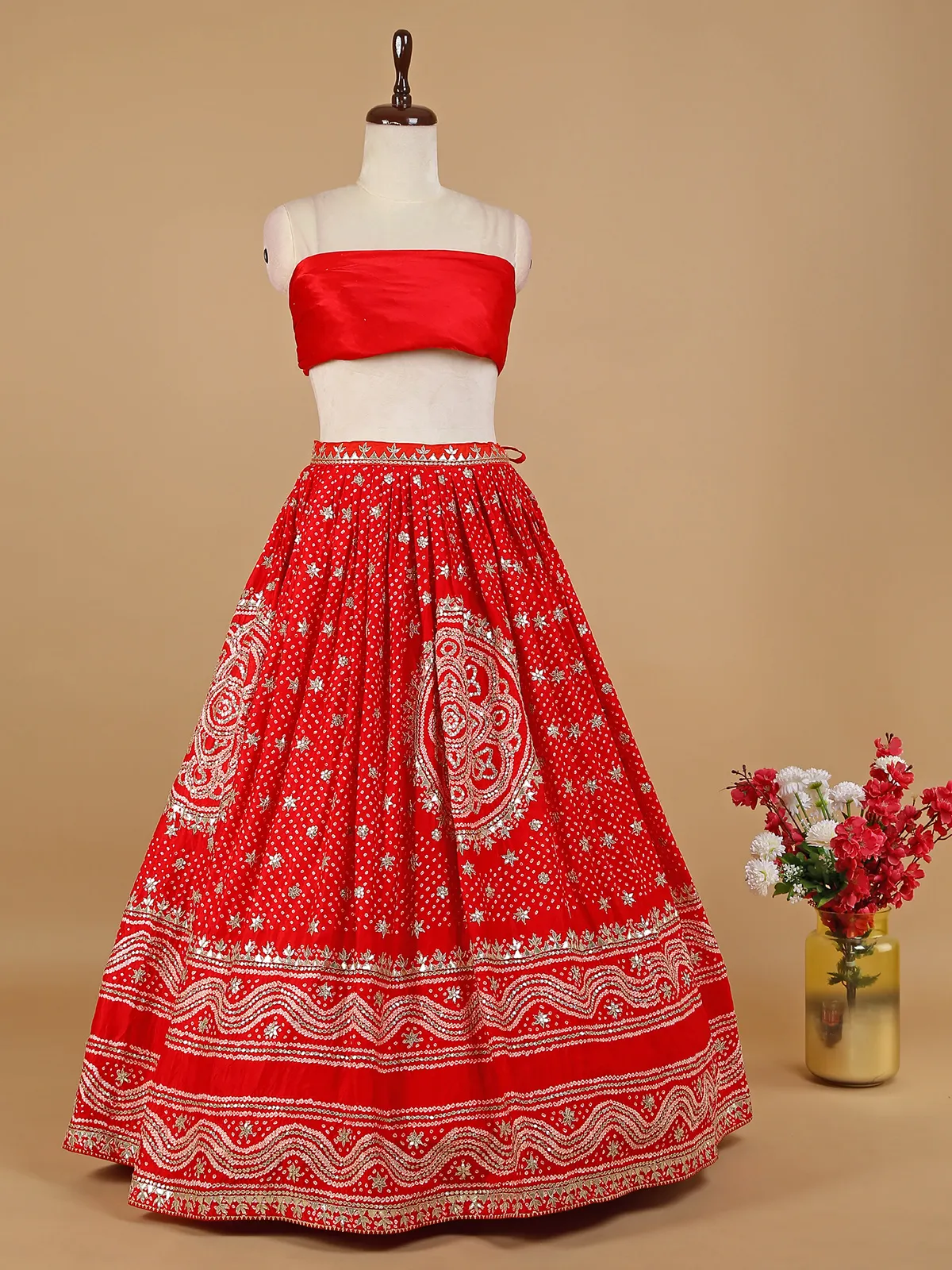 Red printed lehenga choli in silk