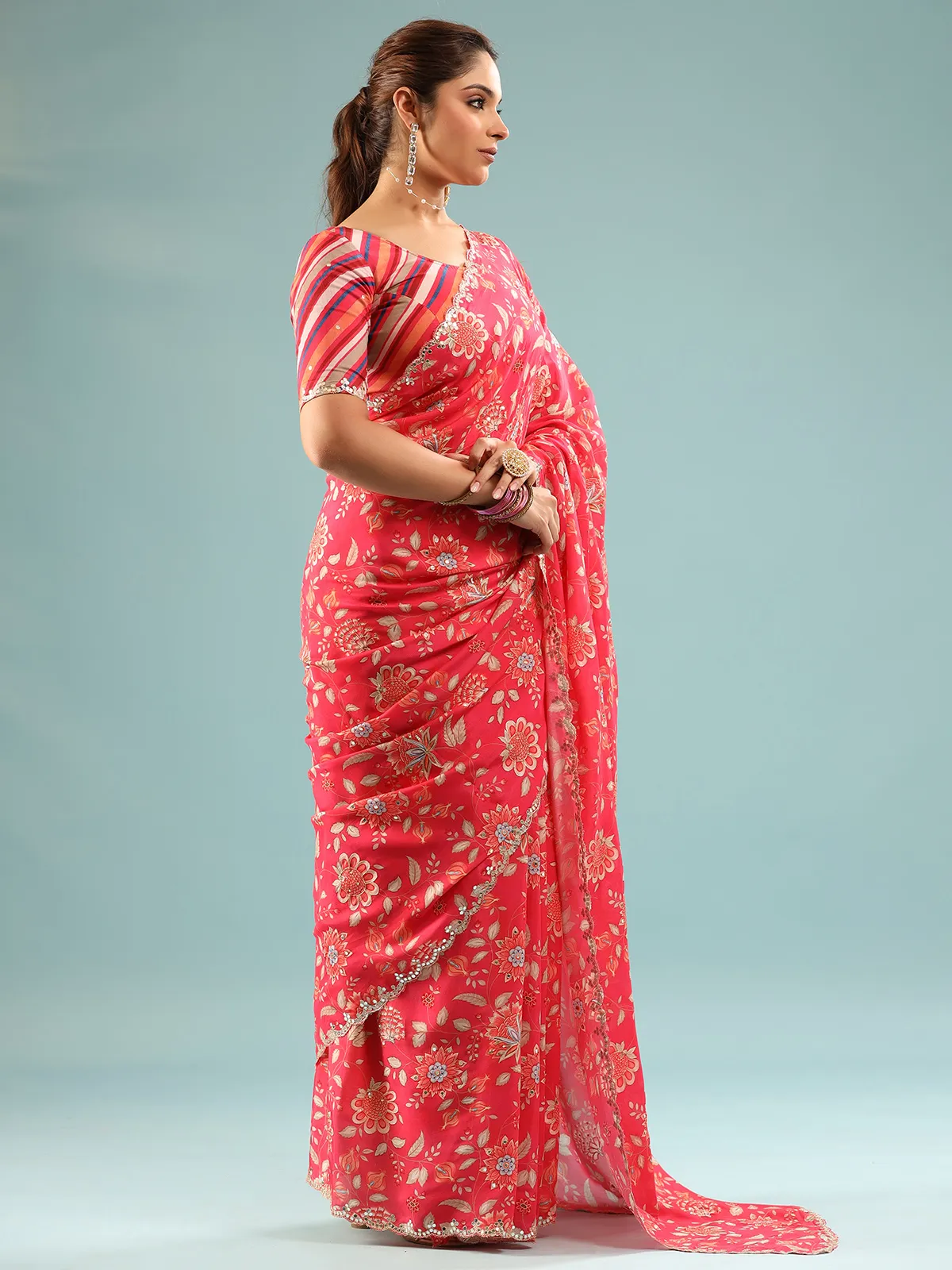 Red printed satin saree