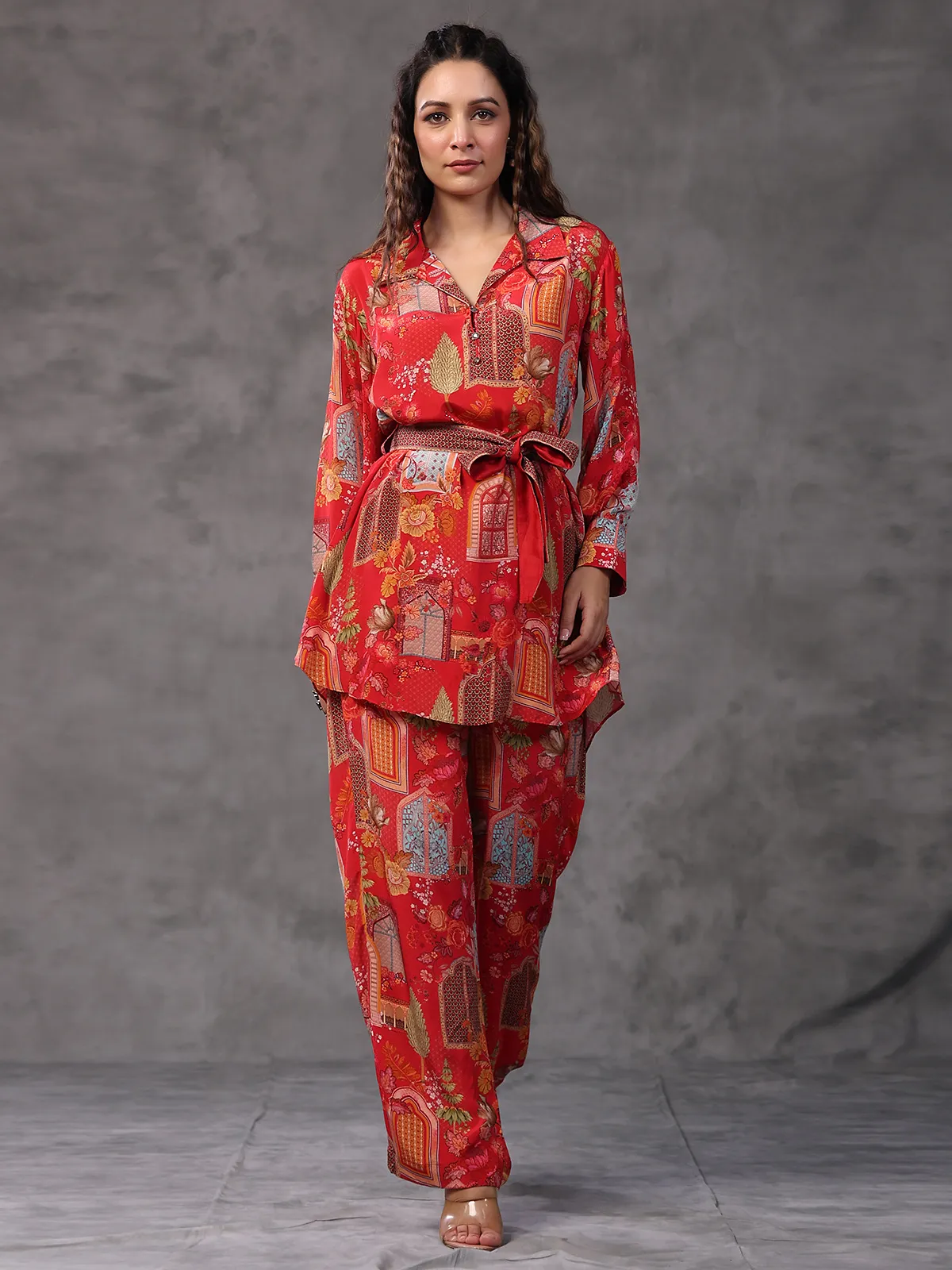 Red printed viscose crepe co ord set