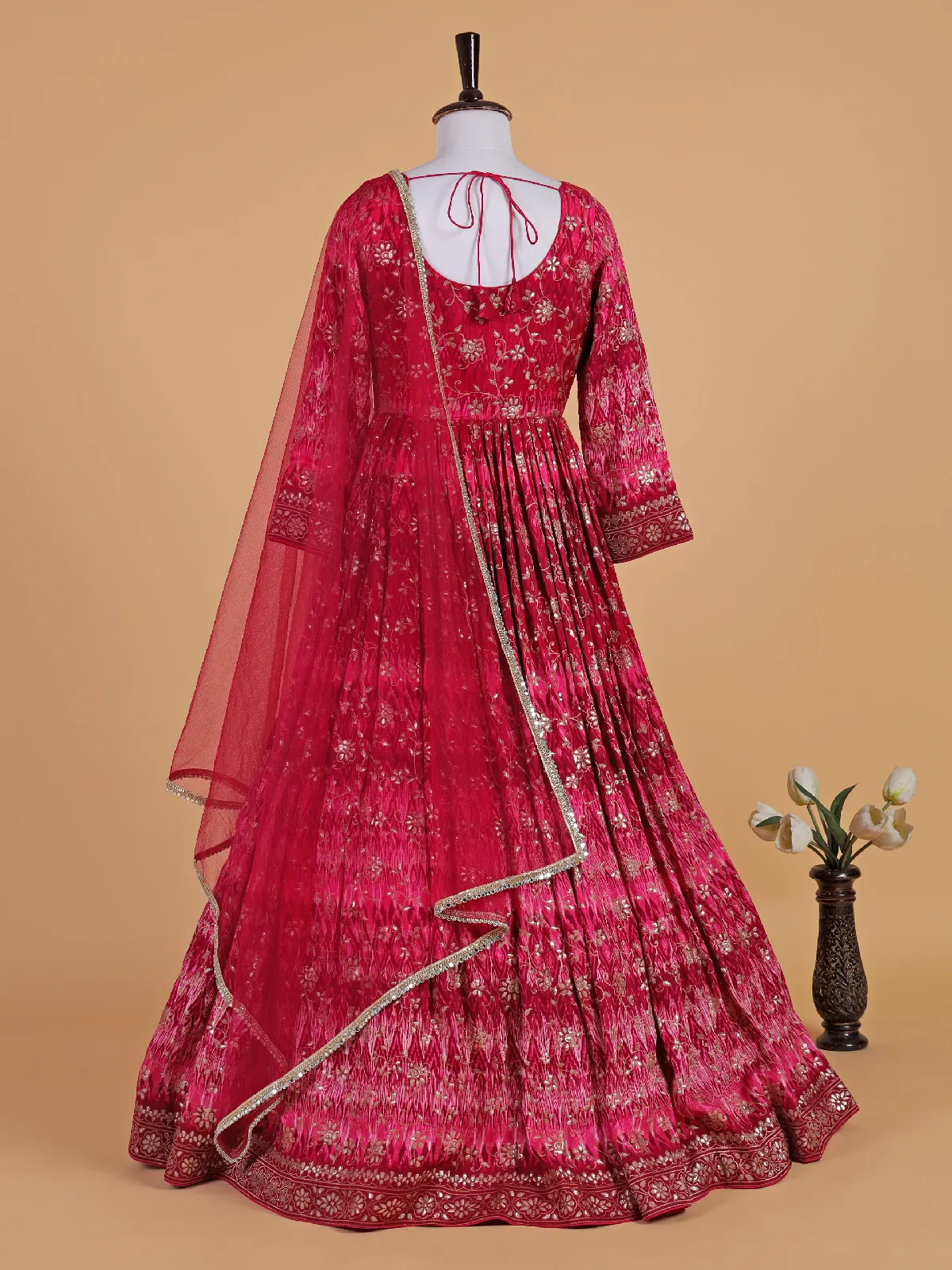 Red raw silk anarkali round neck suit