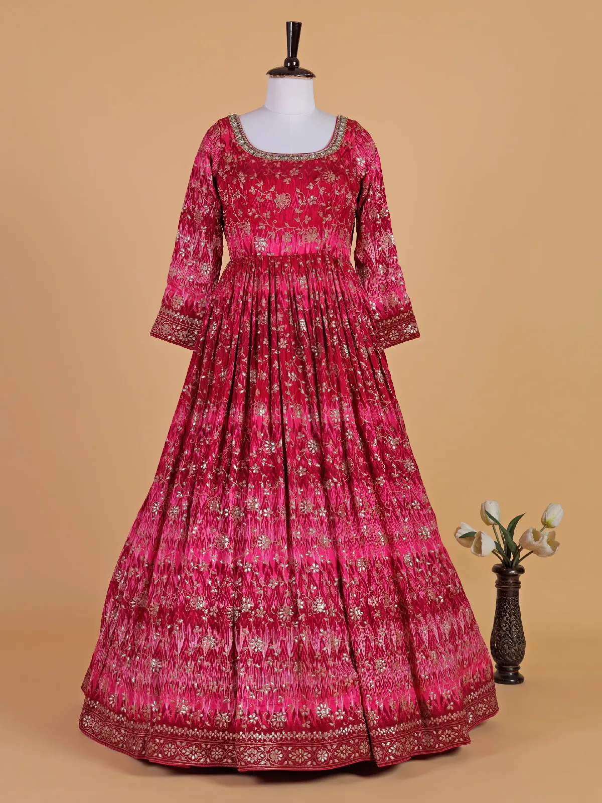 Red raw silk anarkali round neck suit