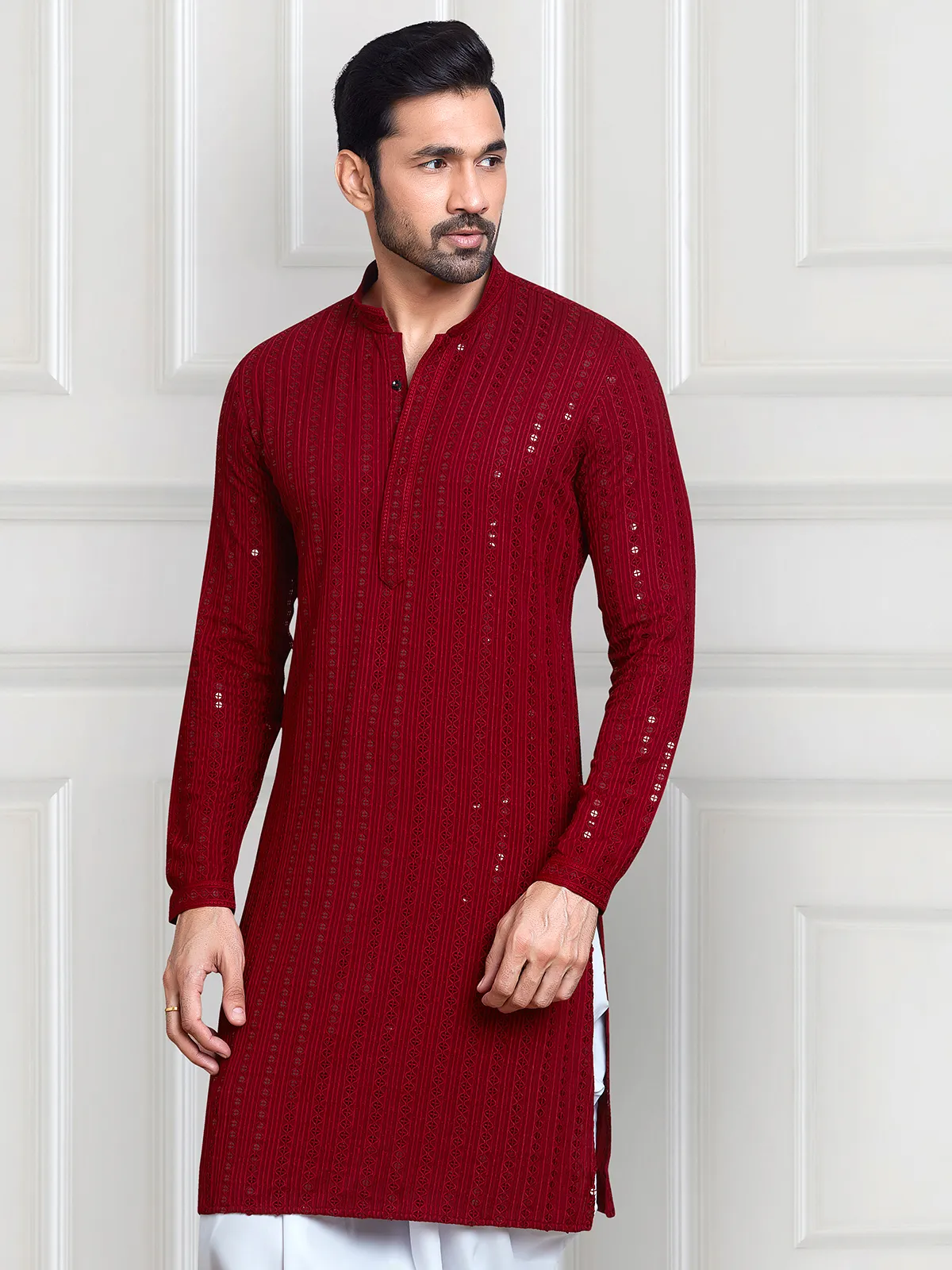 Red rayon cotton kurta with peshawari dhoti