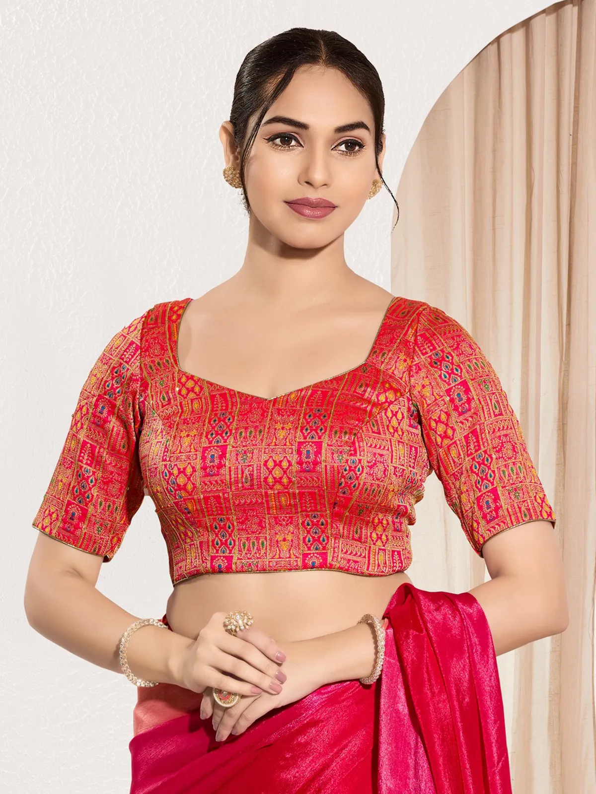 Red ready made blouse in jacquard-G3-RB2207 | United States