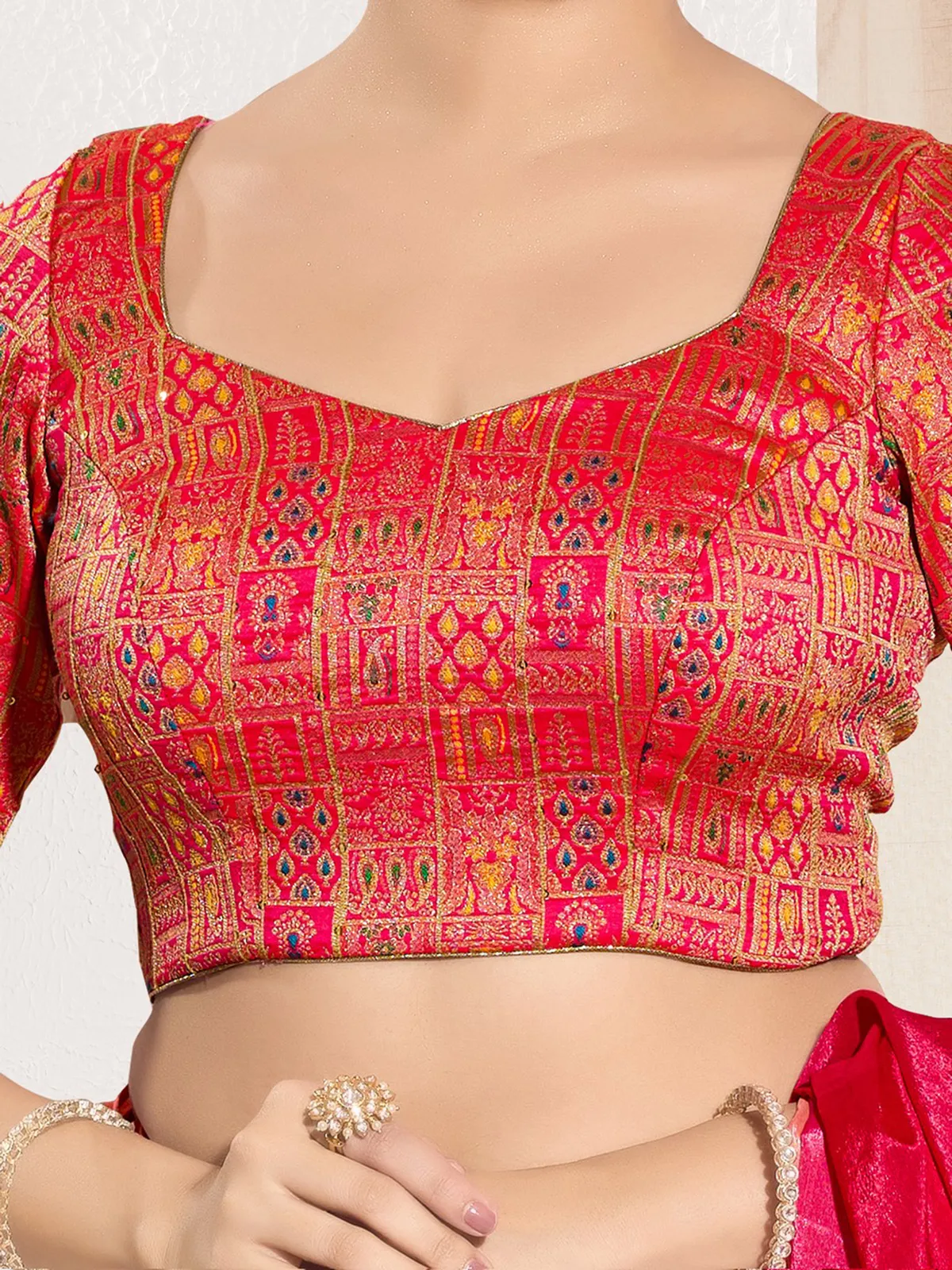 Red ready made blouse in jacquard-G3-RB2207 | United States