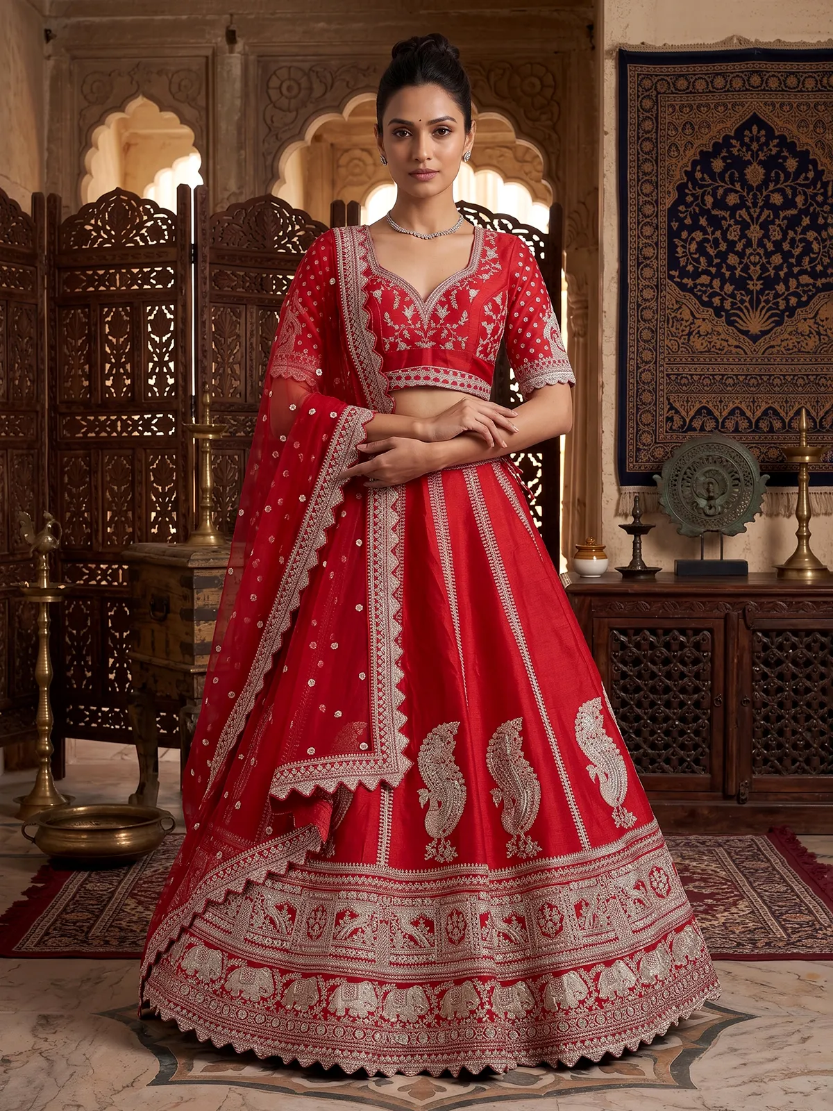 golden dress with red dupatta Leilyn-Traditional Bridal Gold Tissue Gown with Maroon Chiffon Dupatta