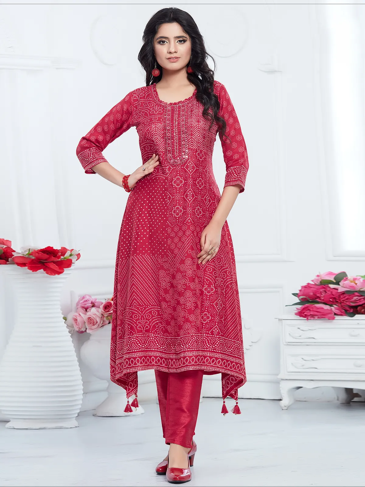 Red russian silk printed kurti