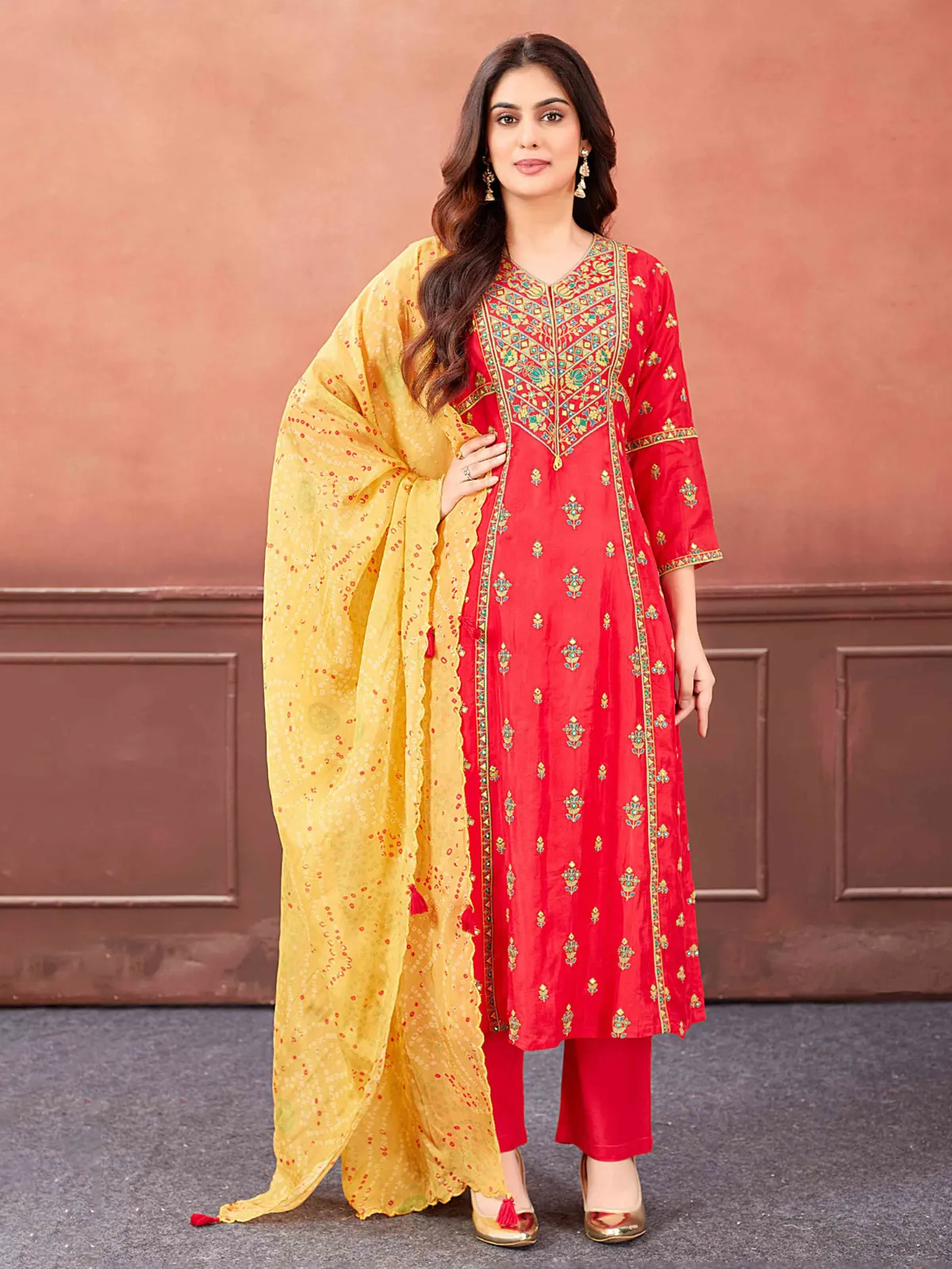 Red salwar suit with contrast dupatta