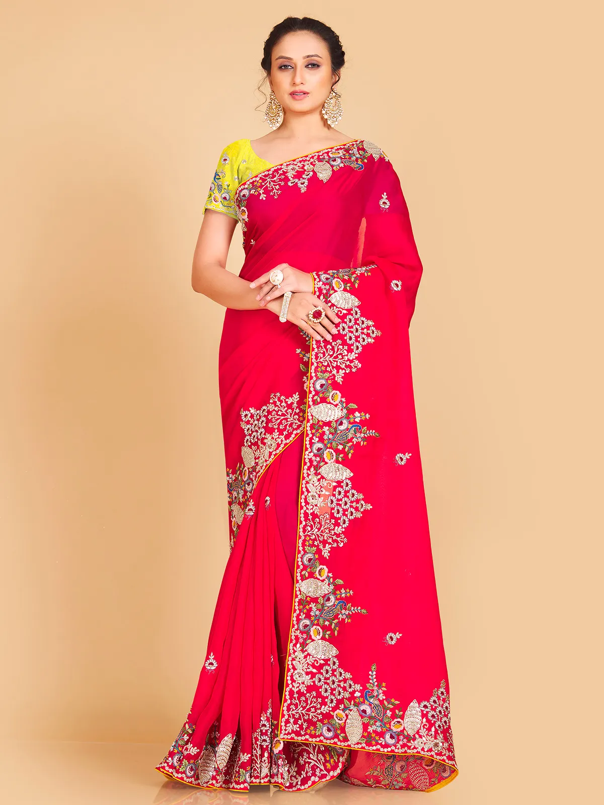 Red semi organza saree