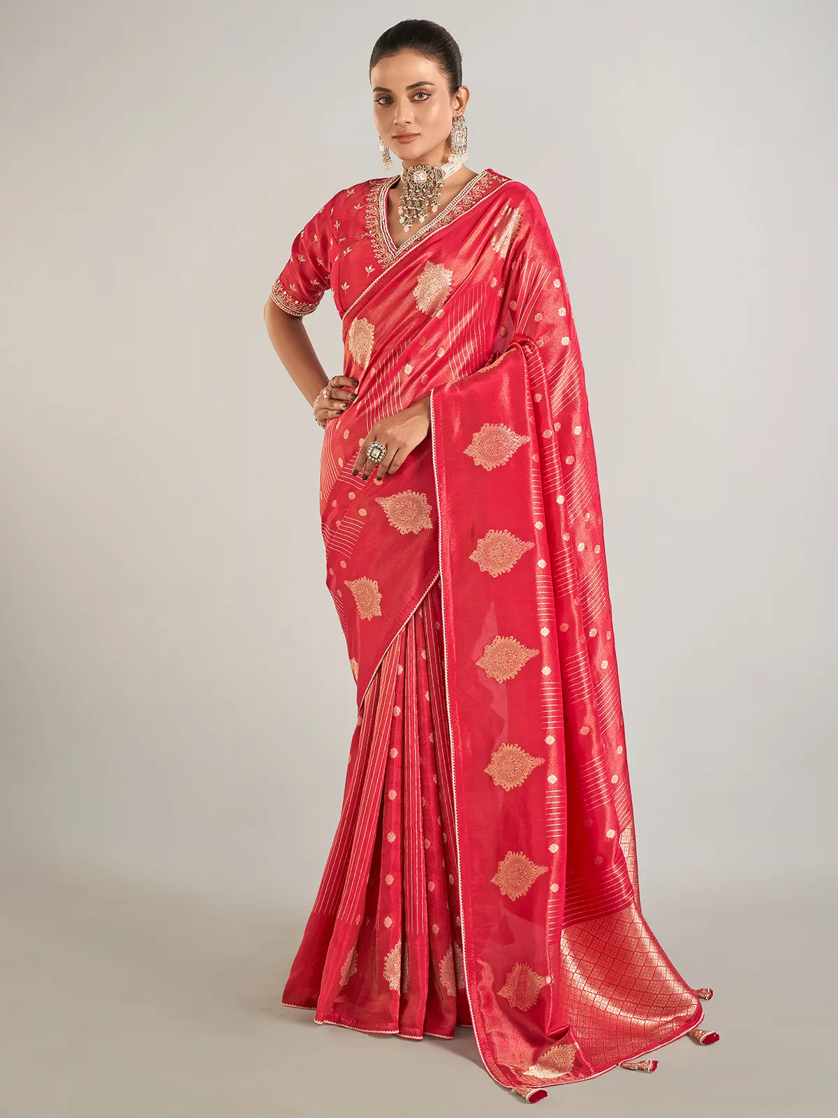 Red shimmer dola silk saree for wedding