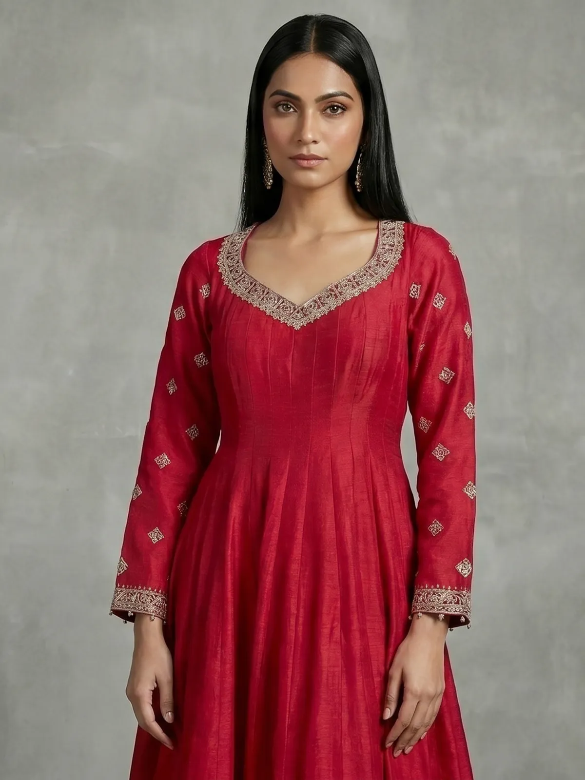 Red silk anarkali suit with pearl embellishments