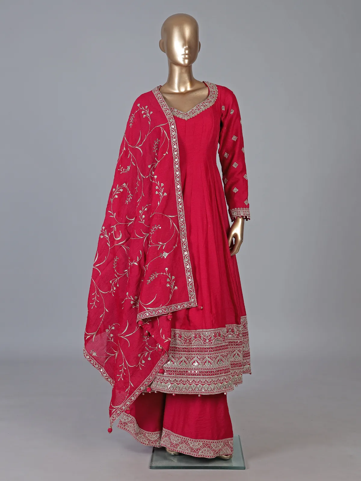 Red silk anarkali suit with pearl embellishments-G3-WSS45636 |...