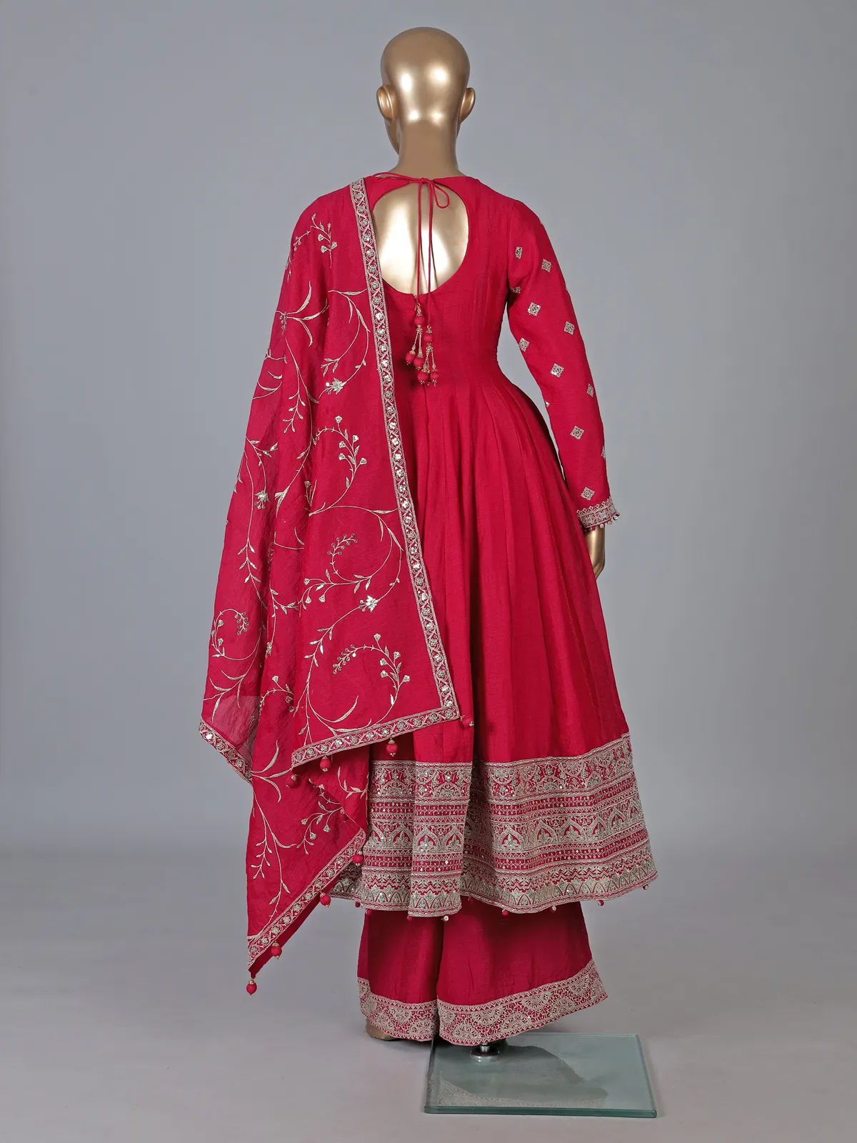 Red silk anarkali suit with pearl embellishments-G3-WSS45636 |...