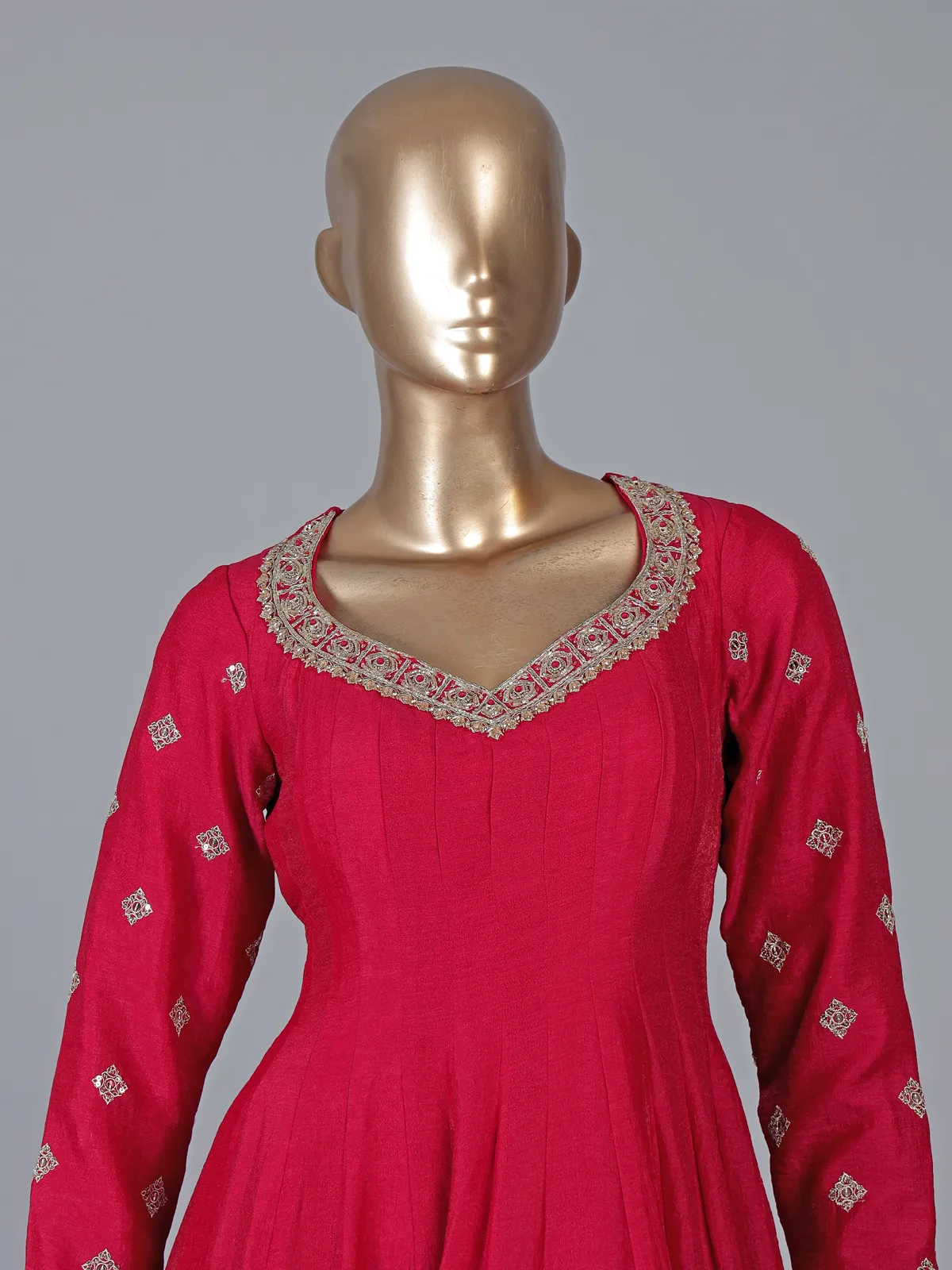 Red silk anarkali suit with pearl embellishments