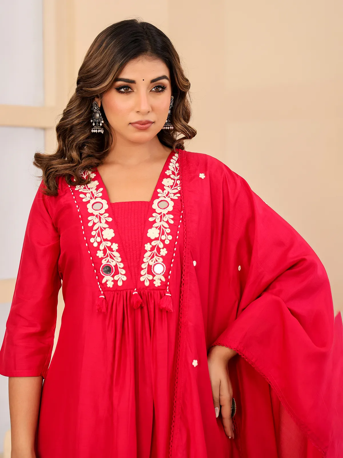 Red silk mirror work festive kurti set with dupatta
