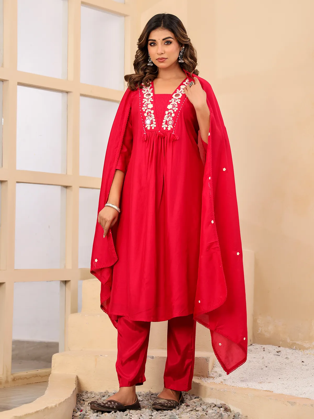 Red silk mirror work festive kurti set with dupatta