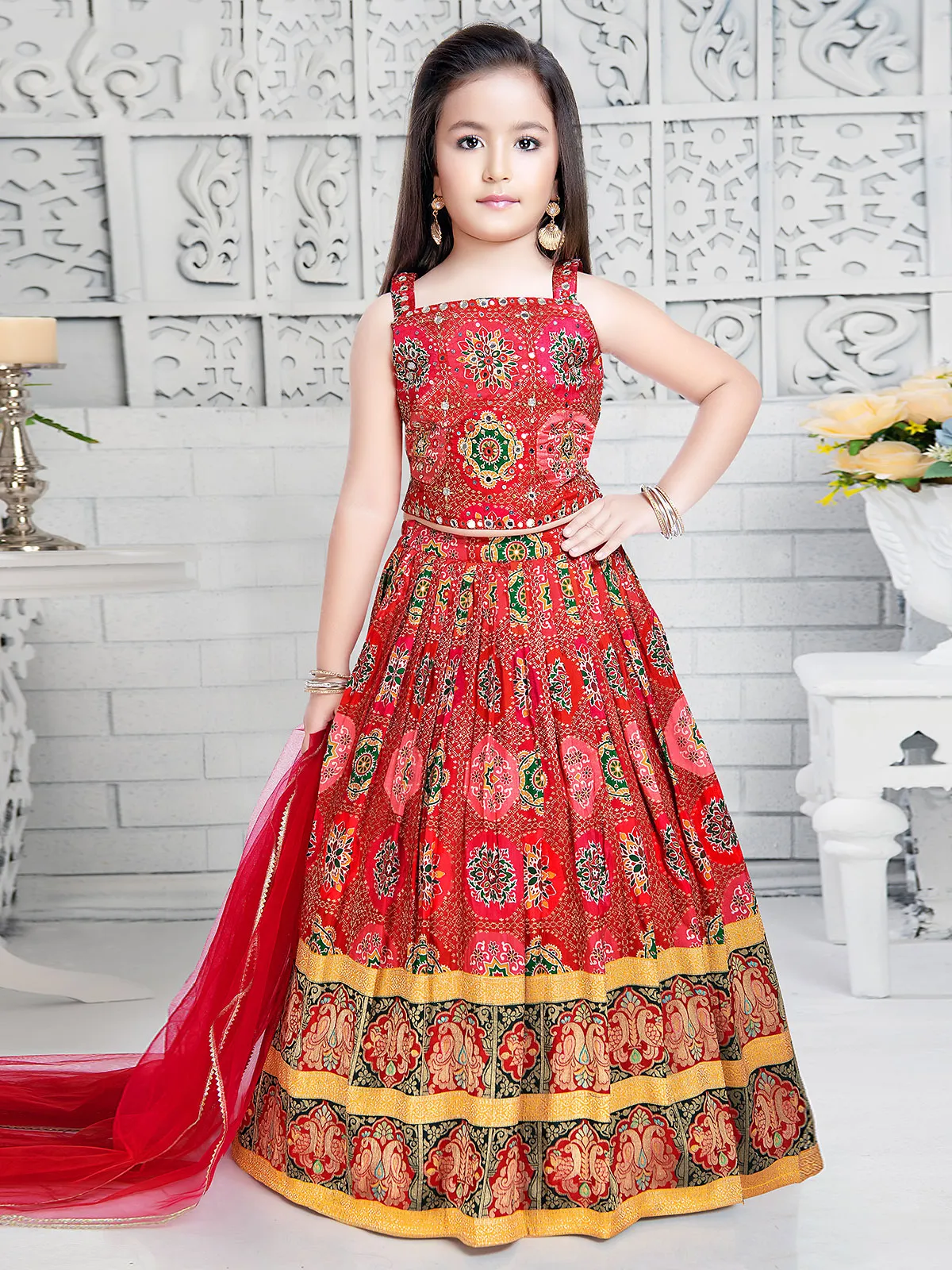 Red silk printed girls lehenga choli